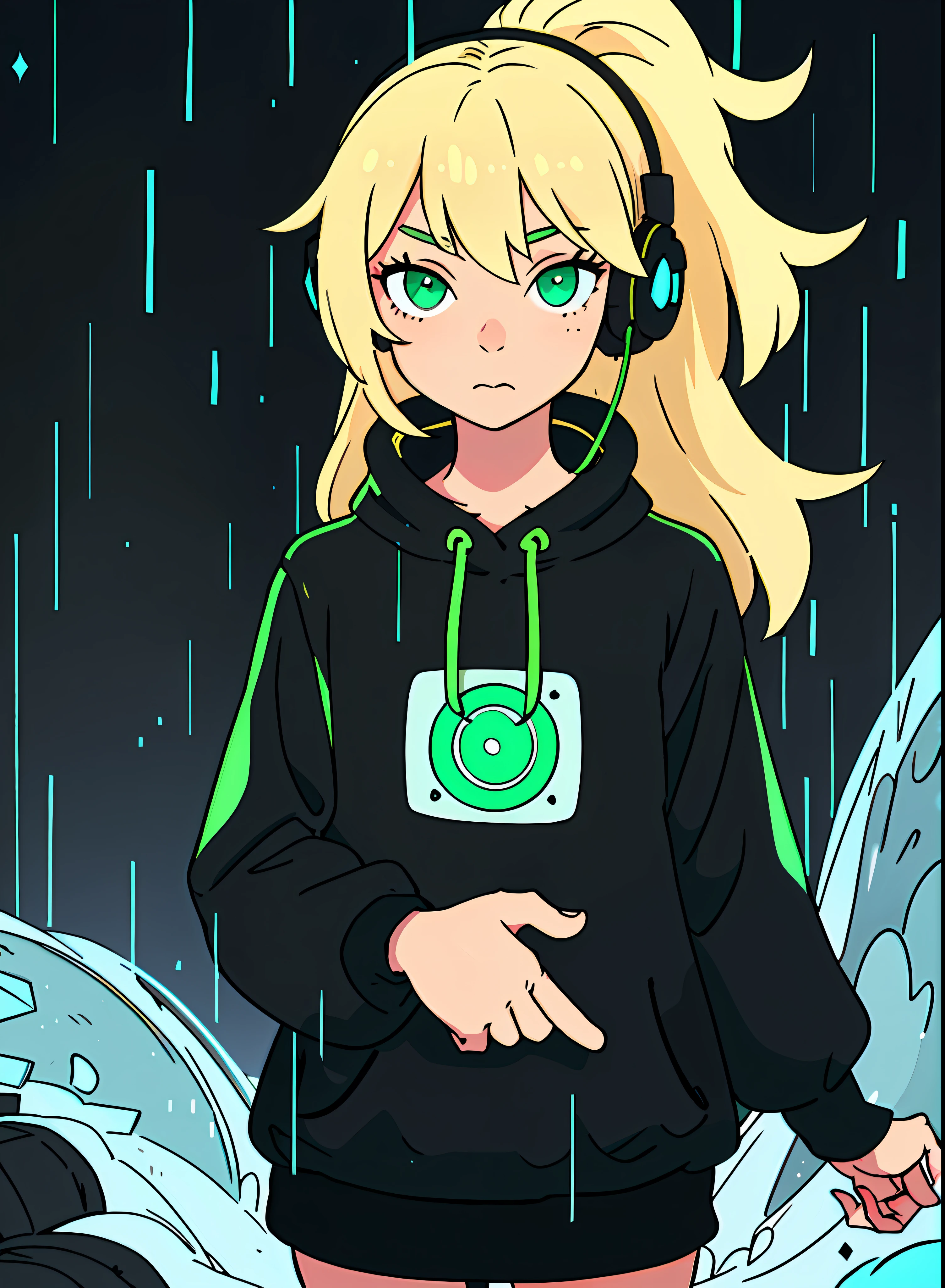 (a masterpiece:1.2),(the best quality:1.2),(a wonderful illustration),blonde girl with green eyes,anime-style,in a black sweatshirt,with anime headphones,color (high saturation),character (front and center),background (simple and hyperrealistic),velvet (sweet and soft),with a quilt (warm and cozy),rainy night (eccentric and sparkling),no rain,but with many puddles of water,  3/4 top,neon (delicate),glow (just around the character),perfect focus and a bit of soft light bokeh.