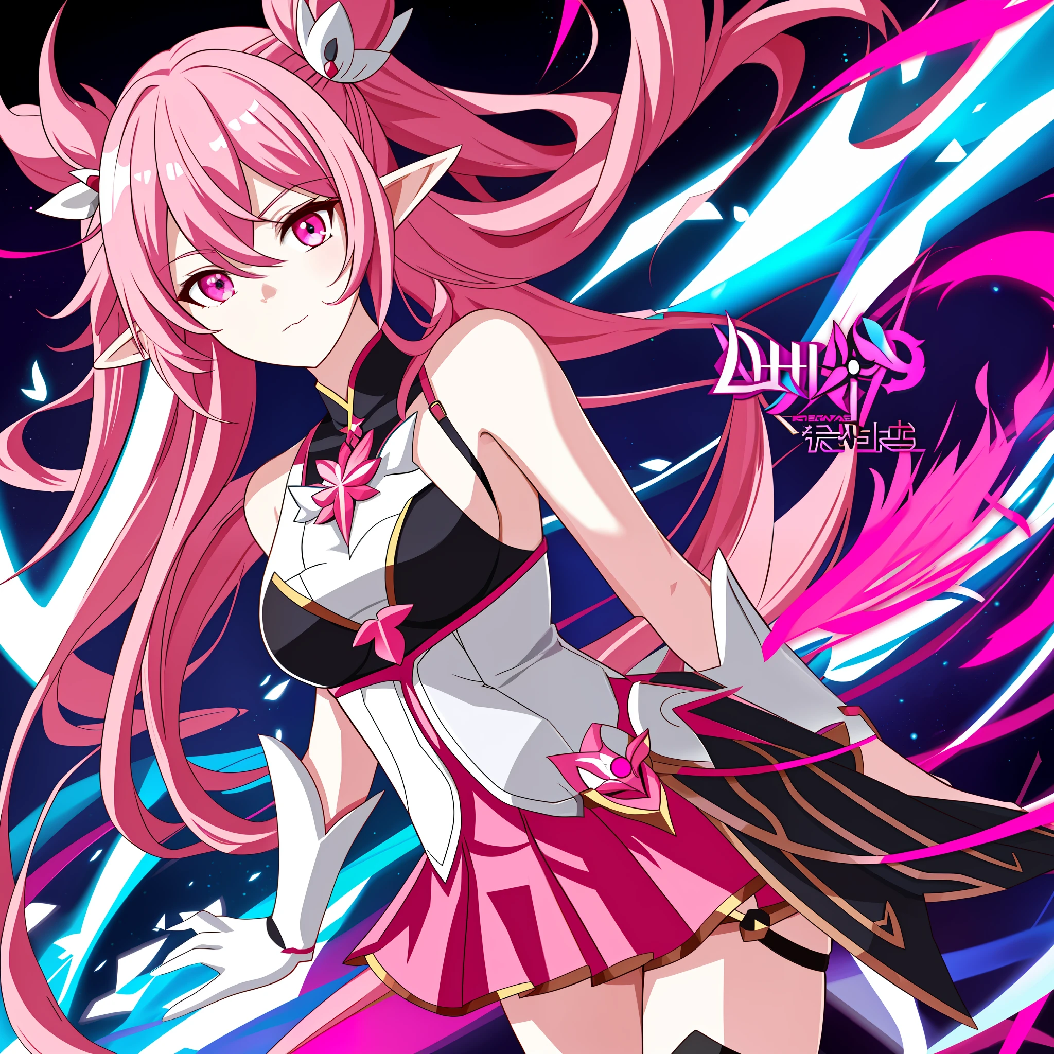 Anime girl from honkai impact 3rd name elysia, cute girl, pink hair, pink eyes, elf ear, long hair, medium chest, goddes
