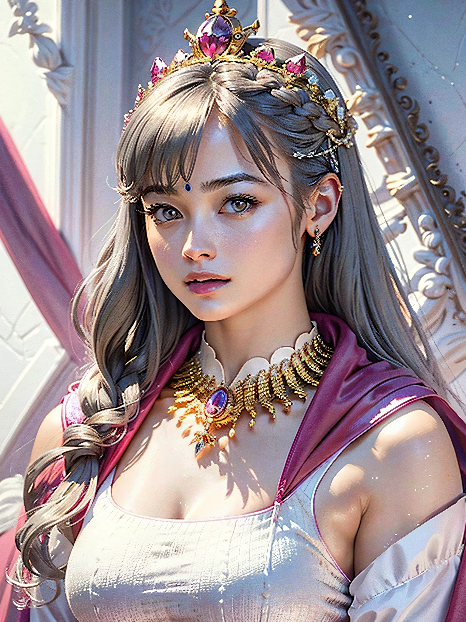 (masterpiece, top quality, highest quality, official art, beautiful and aesthetic: 1.2), ultra-detailed complex 3D rendering of face, various poses, ((Huge breasts: 1.4)), (Exposure: 1.1), pink micro bikini, , Perfect figure: 1.4, Slim abs: 1.1, (1 girl), Fur-lined purple cape, abs, jeweled detailed crown: 2.2), cleavage, gray hair, Detailed luminous necklace adorned with jewels with white skin, strong and detailed weapons