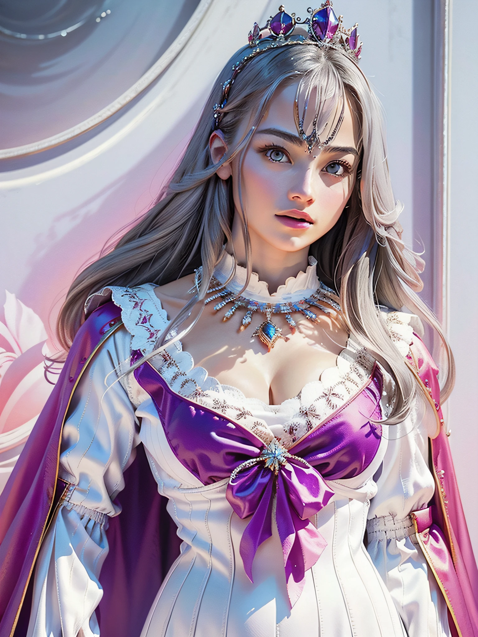 (masterpiece, top quality, highest quality, official art, beautiful and aesthetic: 1.2), ultra-detailed complex 3D rendering of face, various poses, ((Huge breasts: 1.4)), (Exposure: 1.1), pink micro bikini, , Perfect figure: 1.4, Slim abs: 1.1, (1 girl), Fur-lined purple cape, abs, jeweled detailed crown: 2.2), cleavage, gray hair, Detailed luminous necklace adorned with jewels with white skin, strong and detailed weapons