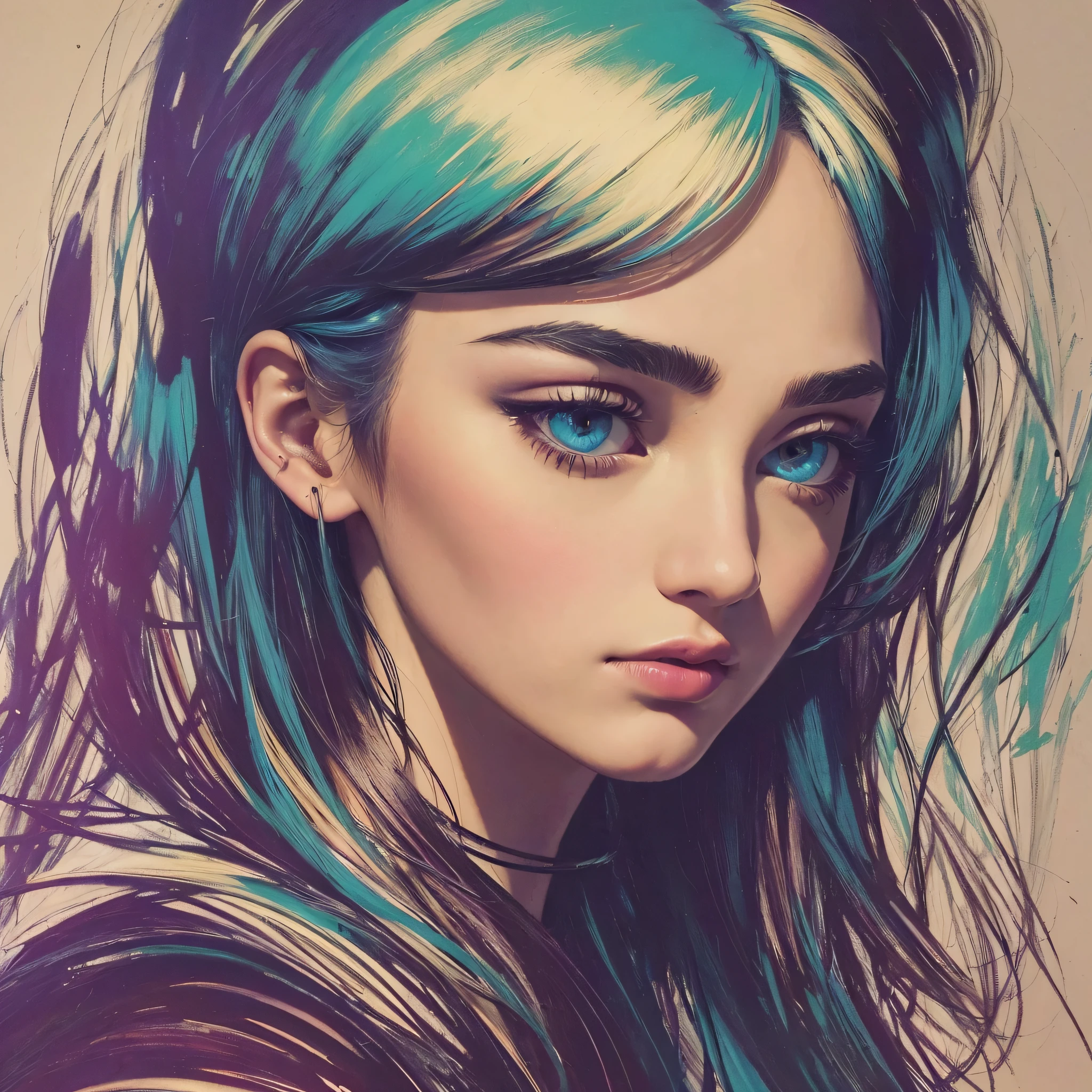 (Dynamic Angle:1.2), [(Art by Andy Warhol: 1.2)],Best Quality,Masterpiece,Ultra High Definition,(1girl),beautiful_face,Detailed Skin,(All in a pleasing and thought-provoking composition while emphasizing the subject's hair, eyes, mouth, action),It is characterized by melancholy emotions and calming tones,vivit color,