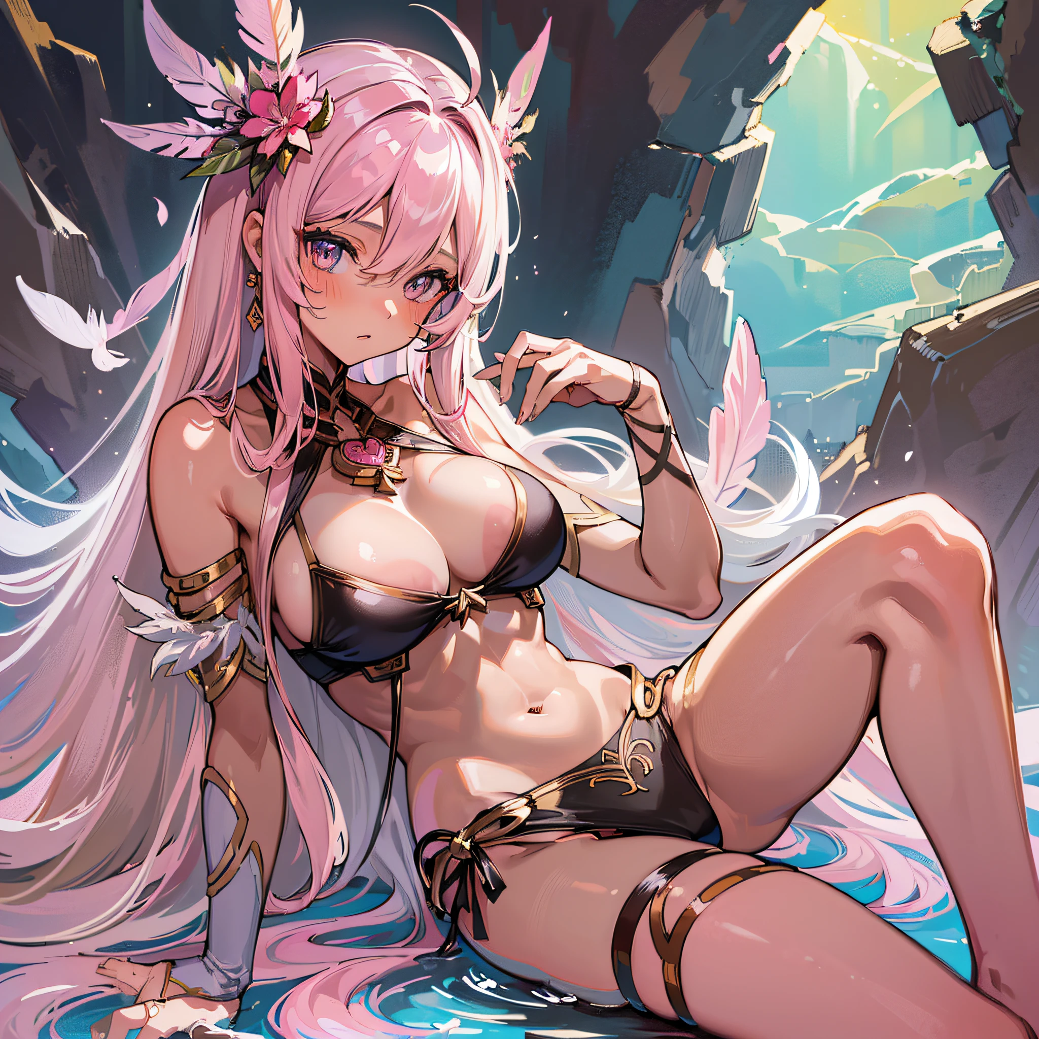 ((Masterpiece)), ((Best Quality)), ((Best Quality)), (Illustration of One Girl), (((Pink Long Hair)), Straight Hair, Feather-shaped Hair Ornament, Light Gray Eyes, (Tall), Big, Idol, Tan Marks, Toned Body, Swimsuit
