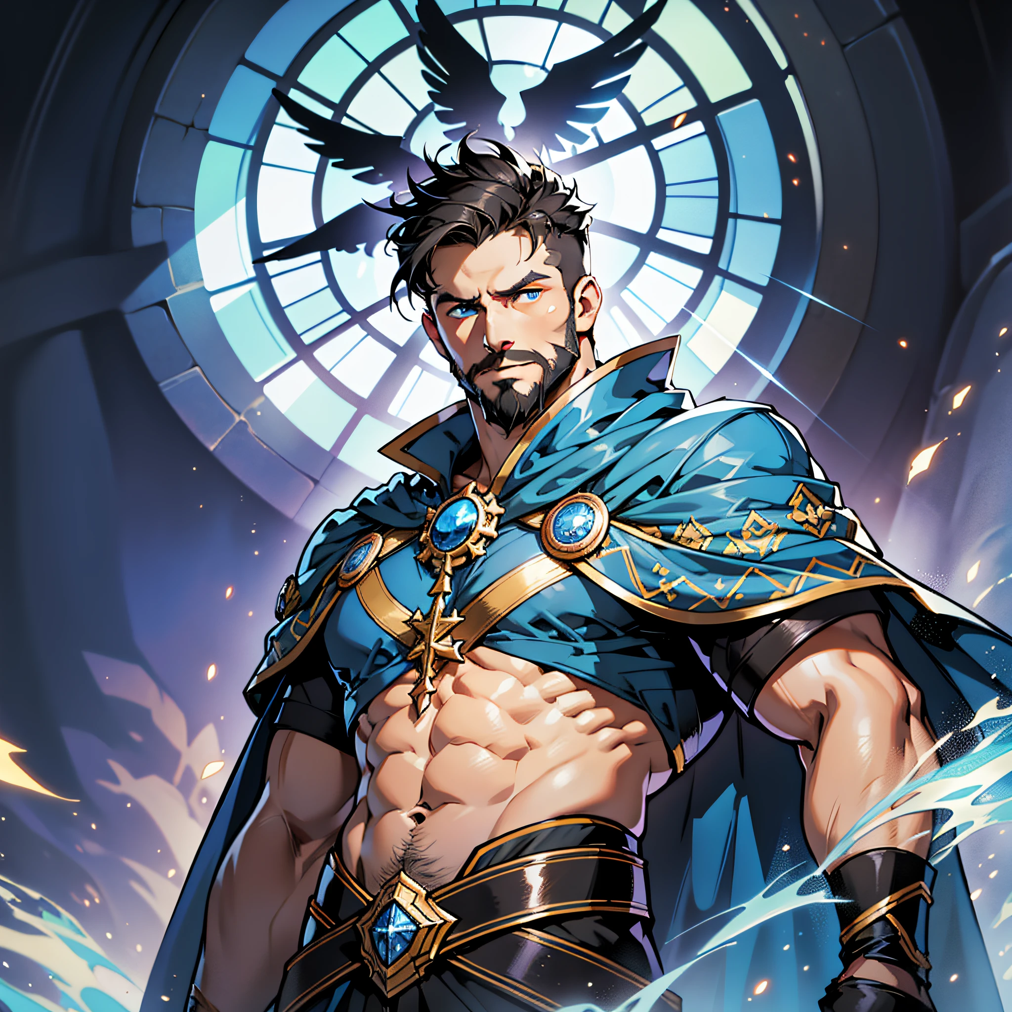Highest quality, masterpiece, male, short black hair, blue eyes, fluttering cape, bright colors, bright picture, muscular, short beard, mature, glowing particle special effects, church, national character face, tall, strong, abs, holy light
