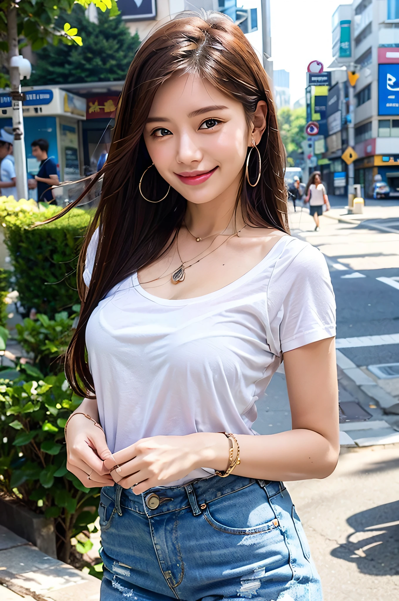 Smiling, white shirt, jeans, street corner