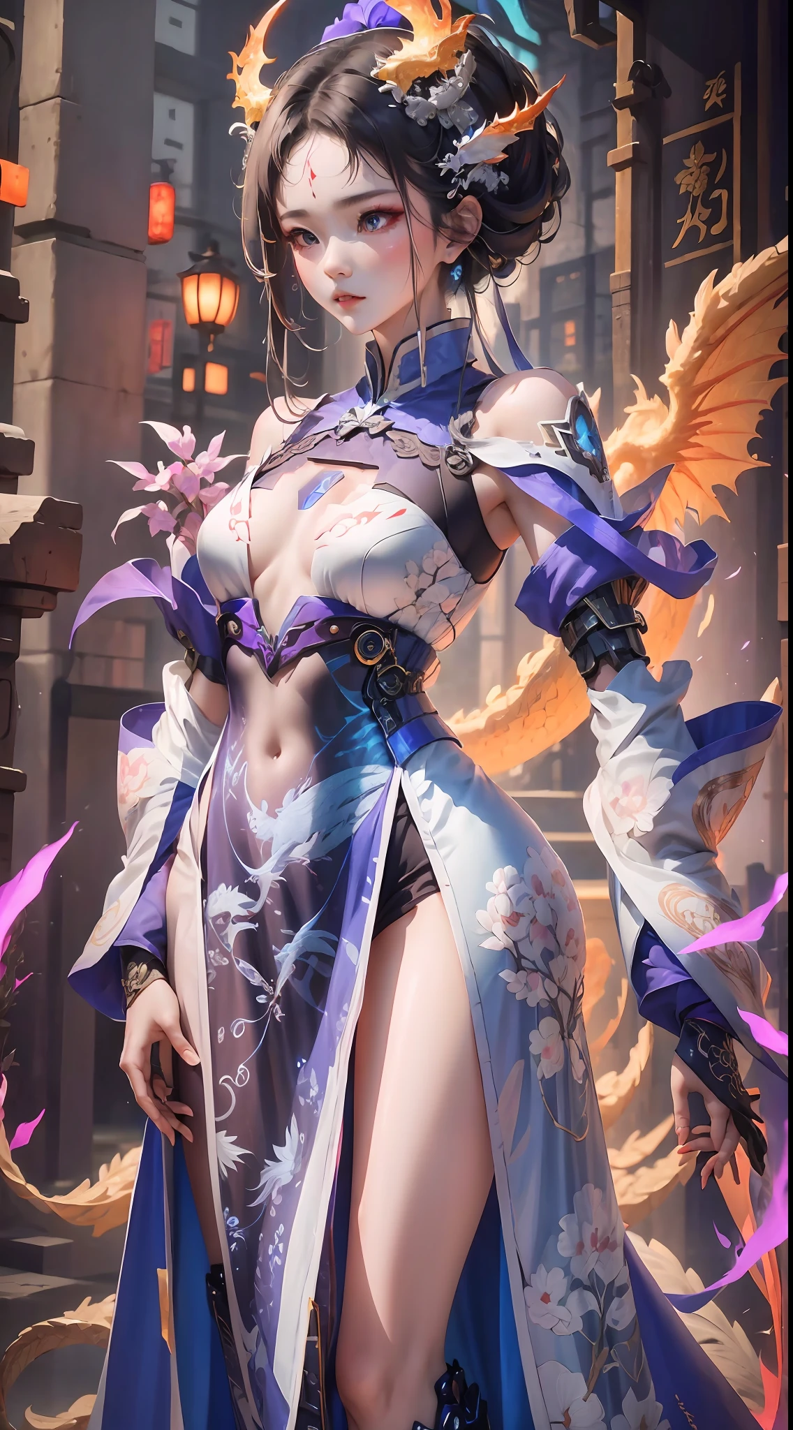 A futuristic Hanfu garment featuring holographic materials. It is adorned with intricate embroidery of the auspicious dragon and phoenix. The garment includes modern elements like LEDs and functional fabric, but maintains its ancient aesthetics with traditional Chinese patterns and shapes. Outfit model: 1.5, Hanfu patterns: 1.4, (Futuristic Attributes: 1.3), (Holographic Material: 1.2), (Intricate Embroidery), (Dragon and Phoenix Motif: 1.3), LED adornments: 1.2, (Functional Fabric).