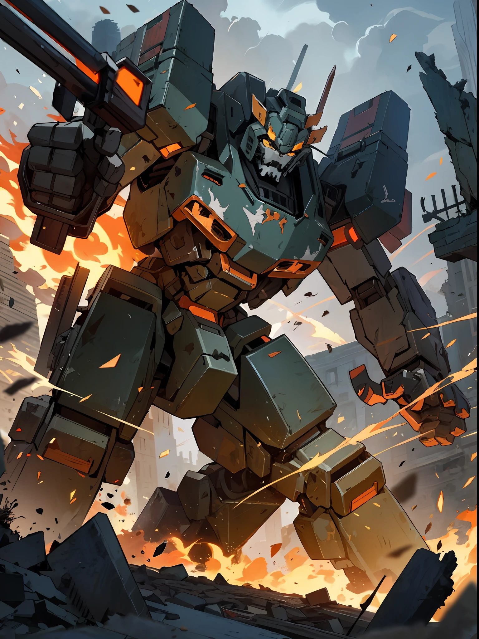 Lion-themed combat robots engage in fierce battles in ruined and crumbling buildings. Its metal body is sturdy and armed with swords and guns. During battle, robots emit roaring energy sounds and launch ferocious attacks. The surrounding landscape is dark and gloomy, with fragments of buildings and flames blazing. Combat robots reign supreme as agile and intimidating.