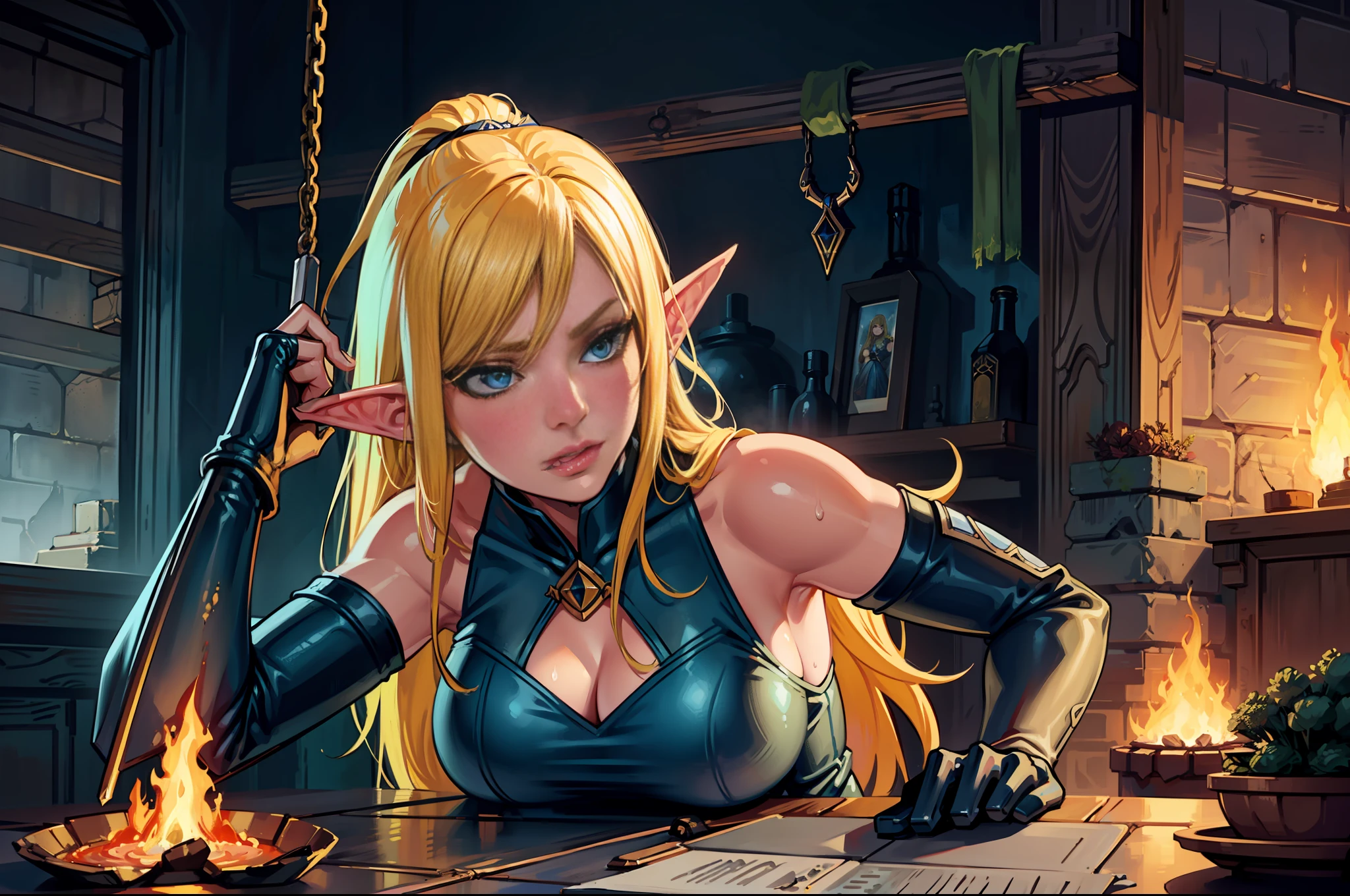 Fantasy painting, closeup a beautiful female swinging a hammer, long yellow hair,, Elf ears, blue eyes, anvil, forge, grunge, sweat, tired, exhausted, medieval, hd, ultra detailed