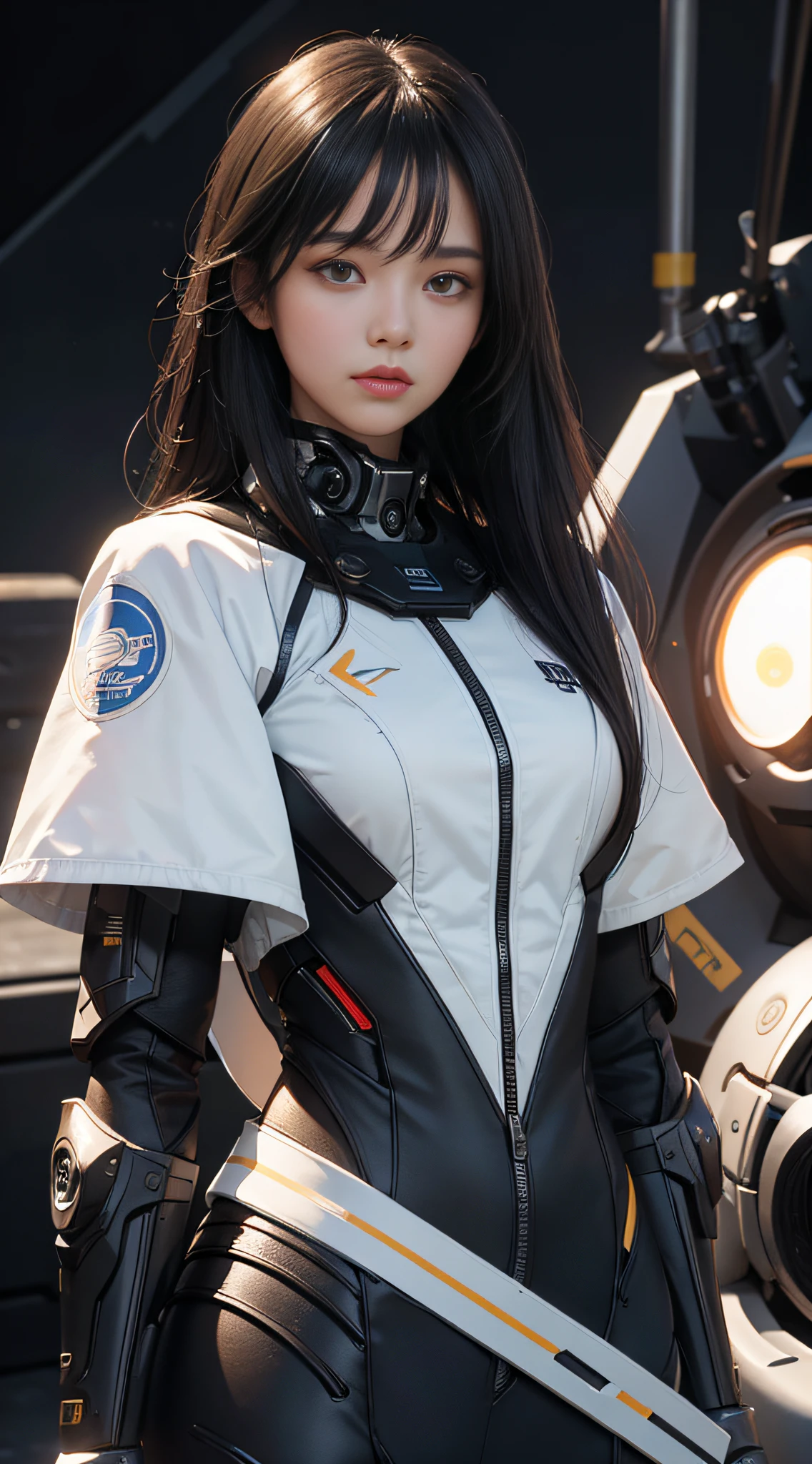 A girl looking at the viewer, front, goose egg face, long black hair, mecha, futuristic, 8k HD picture, more details, solid color background, (upper body: 1.5), brown eyes, light makeup, real, 3d rendering,