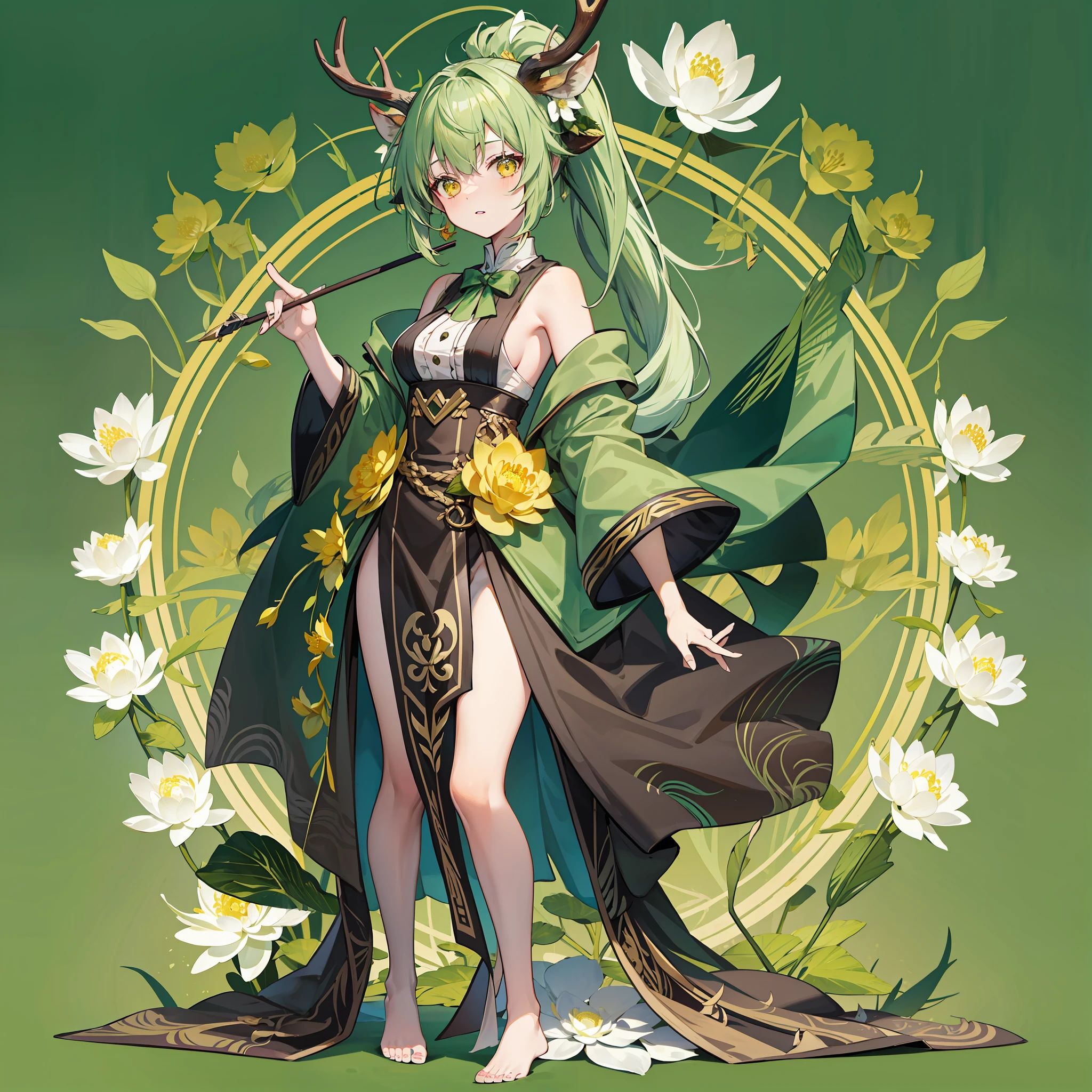 Deer antlers, green-haired girl, double ponytail, yellow eyes, calligrapher, period costume, summer, lotus, standing full body, barefoot, exposed