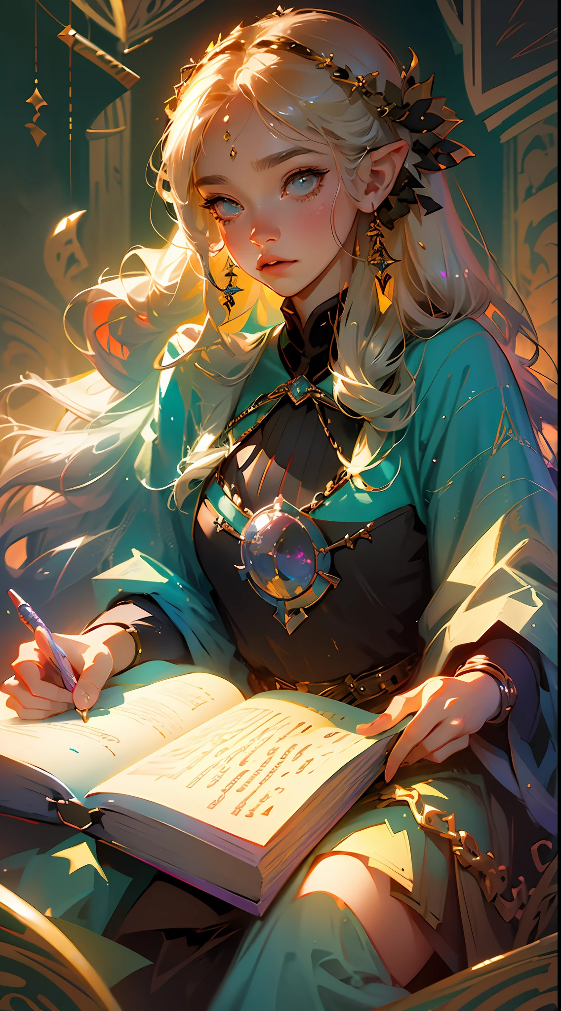 a painting of a woman sitting at a desk, a detailed painting, by Cynthia Sheppard, fantasy art, blonde anime girl with long hair, writing a letter, shining golden hour, portrait of princess zelda, jinyoung shin art, 4 k detail fantasy, over-detailed art, krenz cushart and wenjun lin, promo art, magical notes, atelier lulua