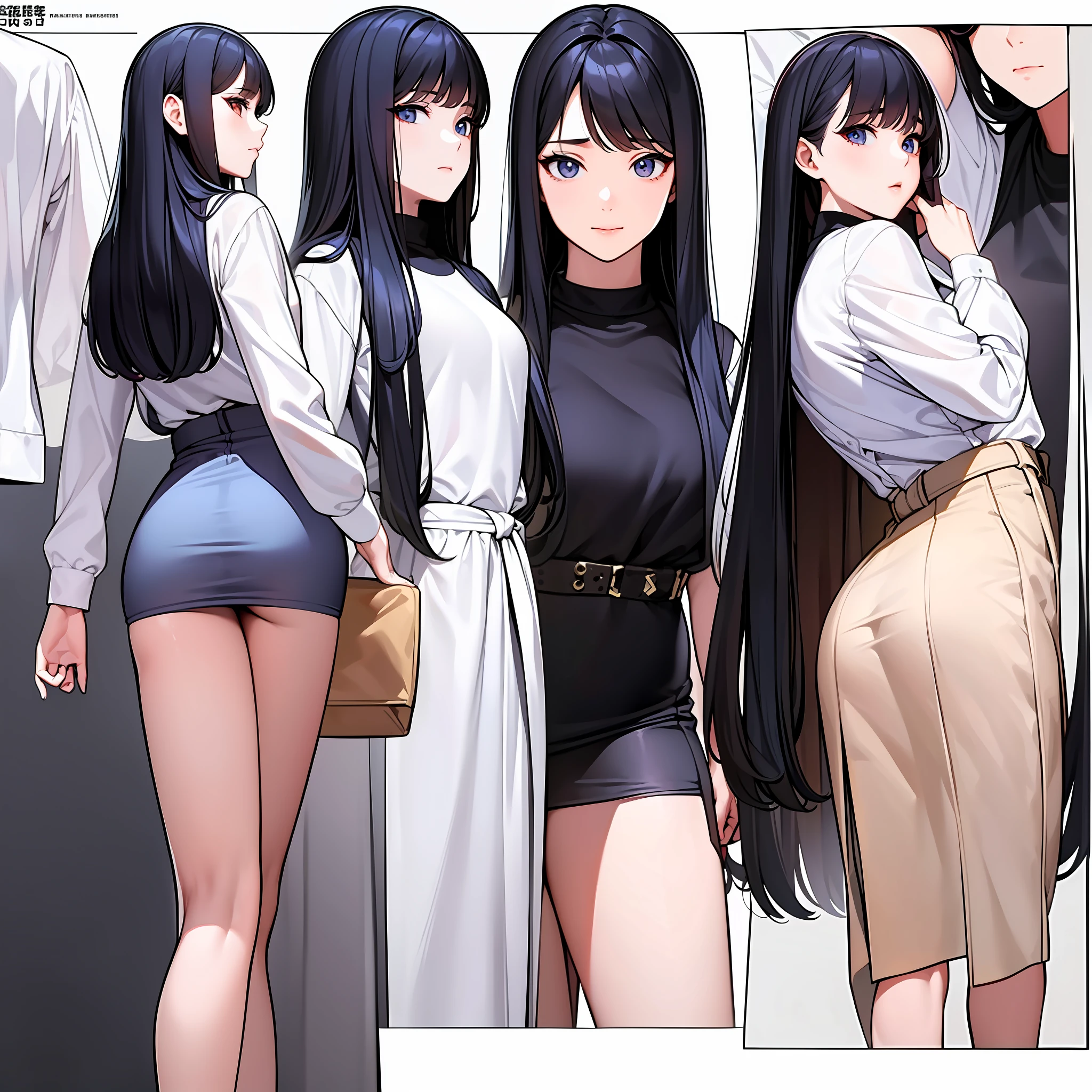 ((masterpiece)),(((best quality))),(character design sheet, same character, front, side, back), illustration, 1 girl, hair color, bangs, hairstyle fax, eyes, environment change scene, Hairstyle Fax, Pose Zitai, Female, Shirt Shangyi, Star, Charturnbetalora, (simple background, white background: 1.3)