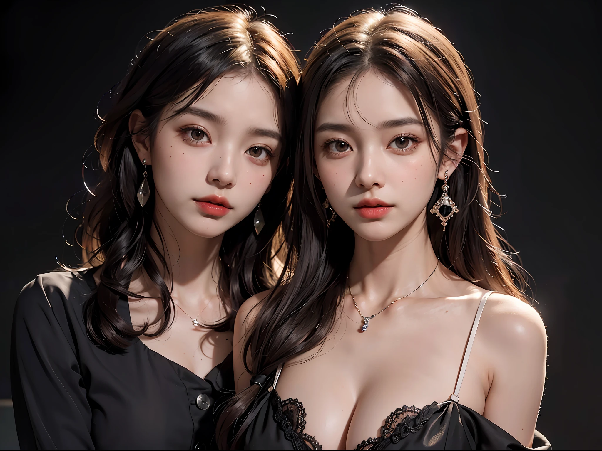 Wearing only one long shirt, (all buttons open: 1.1), big breasts, deep cleavage, best quality, masterpiece, illustration, very delicate and beautiful, very detailed, CG, unity, 8K wallpapers, amazing, fine detail, very detailed CG Unity 8K wallpapers, huge file size, very detailed, high resolution, handsome detail woman, very detailed eyes and face, wonderful detailed eyes, light on face,  (Best Illustration: 1.1), (Best Shadow: 1.1), Ultra High Resolution, (Photoreal: 1.1), (Photo Realistic: 1.2:1.1), Realistic Face Proportions, Slender, Smile, (Makeup: 0.4), (Fluffy Black Eyes: 1.21), Black Eyes, Looking at the Viewer, Dark Brown Hair, Earrings, Necklaces, Hairpins, Cowboy Shots, (Irregular Irregular Skin Imperfections, Veins, Skin Wrinkles Pores: 1.2), (Dark Night Background: 1.2), (Bokeh: 1.4),