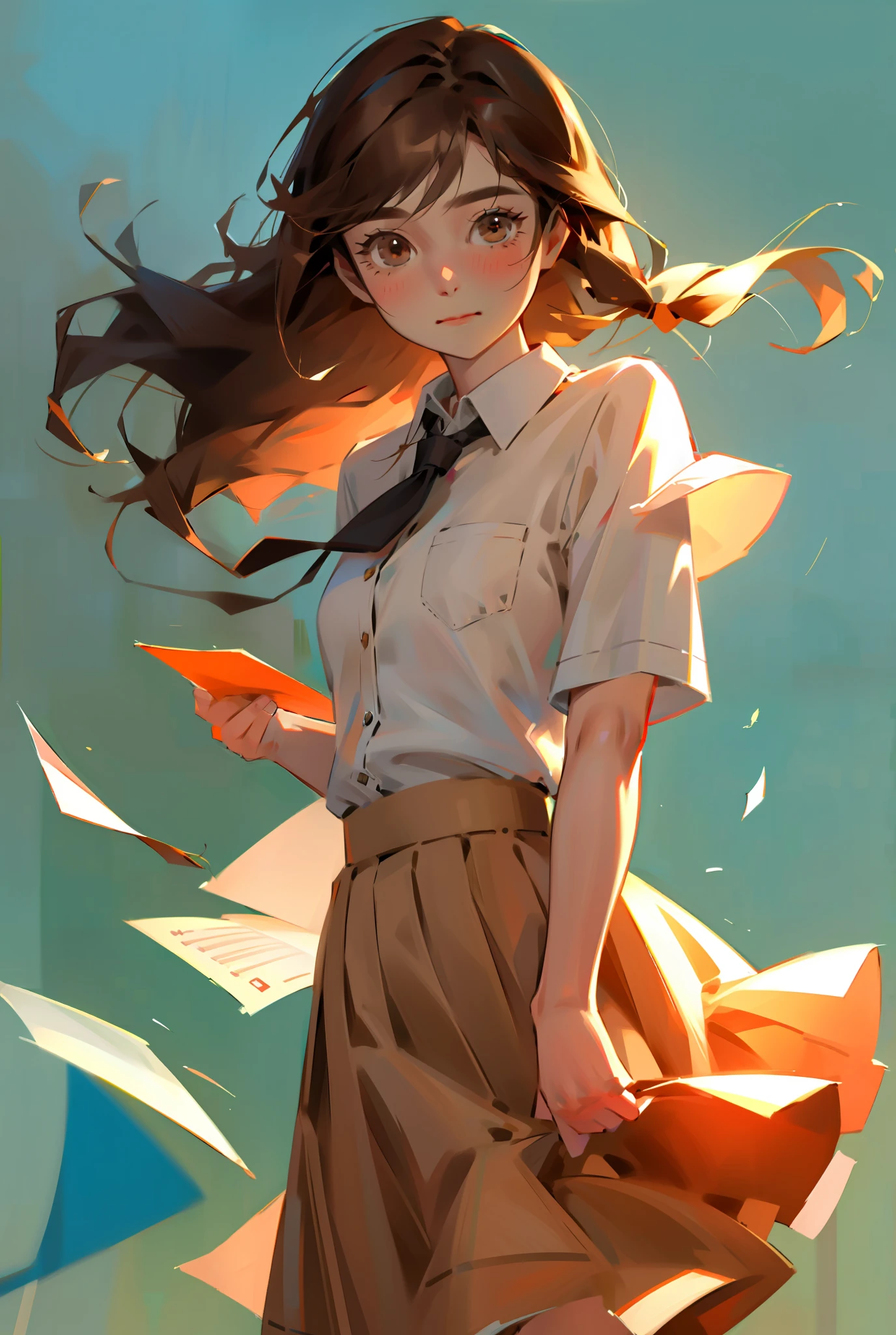 1girl, solo, paper, shirt, long hair, skirt, brown hair, white shirt, holding paper, blush, short sleeves, brown eyes, holding, looking at viewer, brown skirt, floating hair, collared shirt, pleated skirt, closed mouth, wind