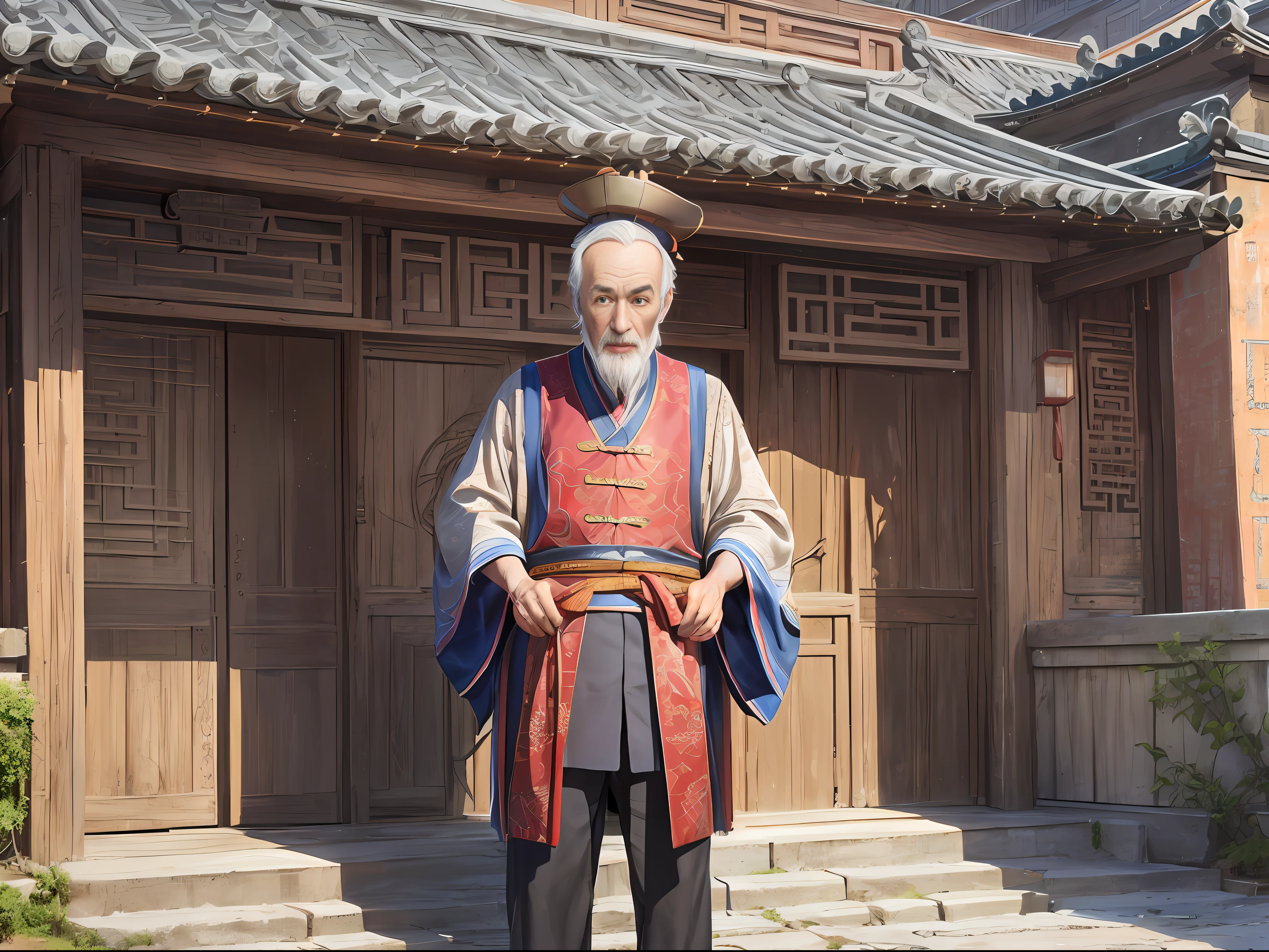 1 old man, old, skinny, surprised look, full body photo, ancient Chinese architecture, house (((ultra-realistic details)), Chinese Republic of China style, panorama, global illumination, clear facial features, short black hair, 8k, a pair of bright eyes