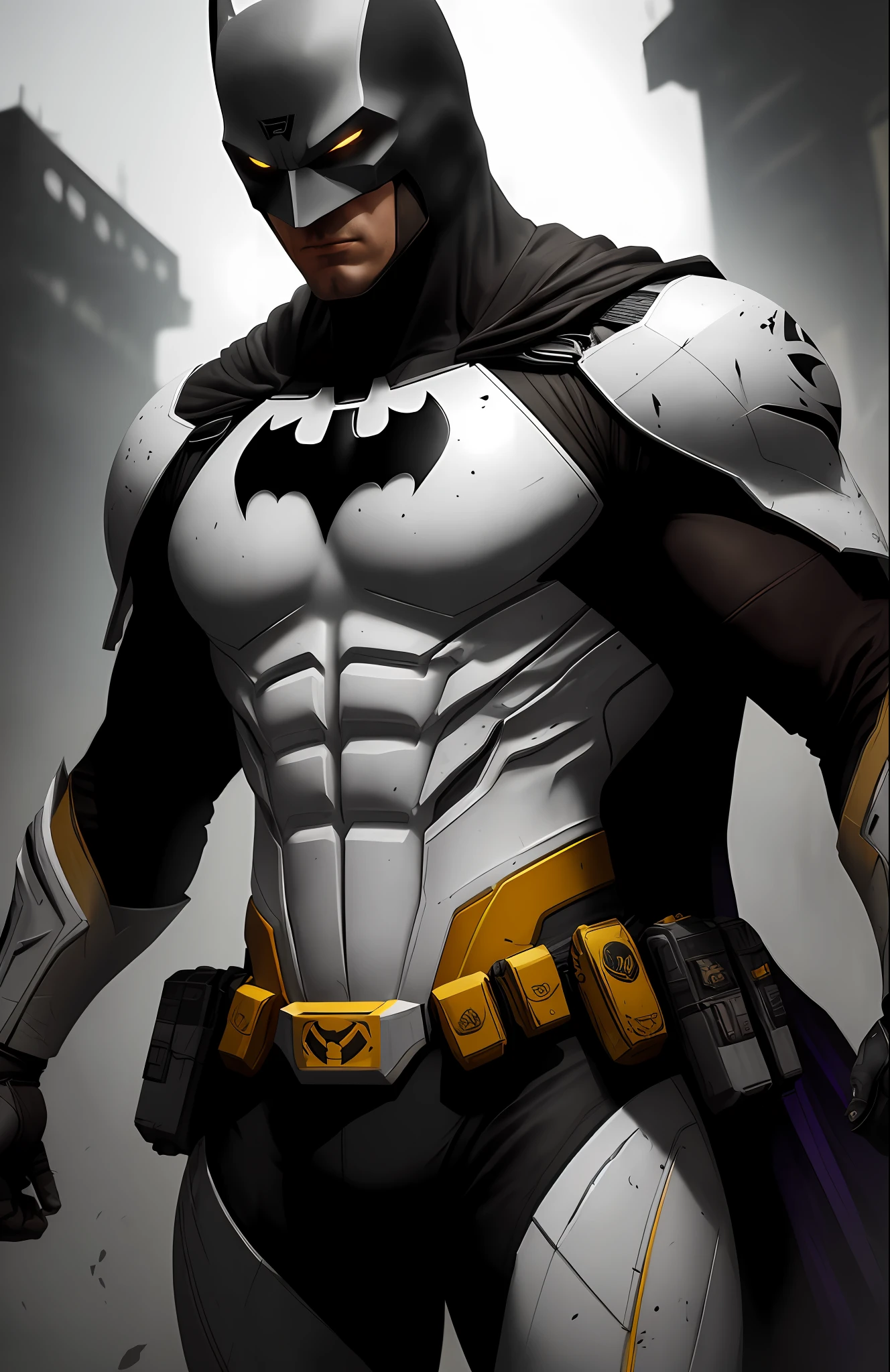 (dark shot: 1.1), epic realistic, White Batman from DC, yellow gradient, black, brown and purple color scheme, grunge aesthetic!!! graffiti tag wall background, art by Greg Rutkowski and artgerm, soft cinematic light, Adobe Lightroom, darkroom, HDR, intricate, highly detailed, (depth of field: 1.4), faded, (neutral colors: 1.2), (hdr: 1.4), (muted colors: 1.2), hyper-detail (artstation: 1.4), cinematic, warm light, dramatic light (complex details: 1.1)