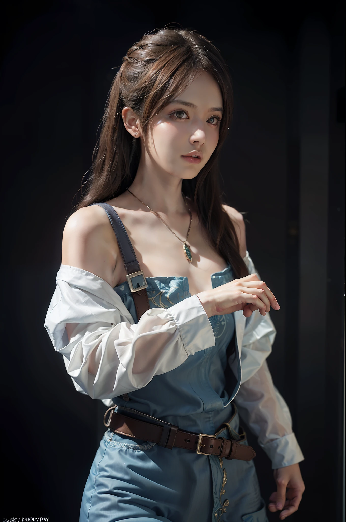 Hyperrealist portrait of female by david hockney and alphonse mucha,fantasy art, photo realistic, dynamic lighting, artstation, poster, volumetric lighting, very detailed faces, 4 k, award winning,, 1girl, in the dark, deep shadow, low key,cowboy shot,(official clothing:1.4) ,long hair,white hair,