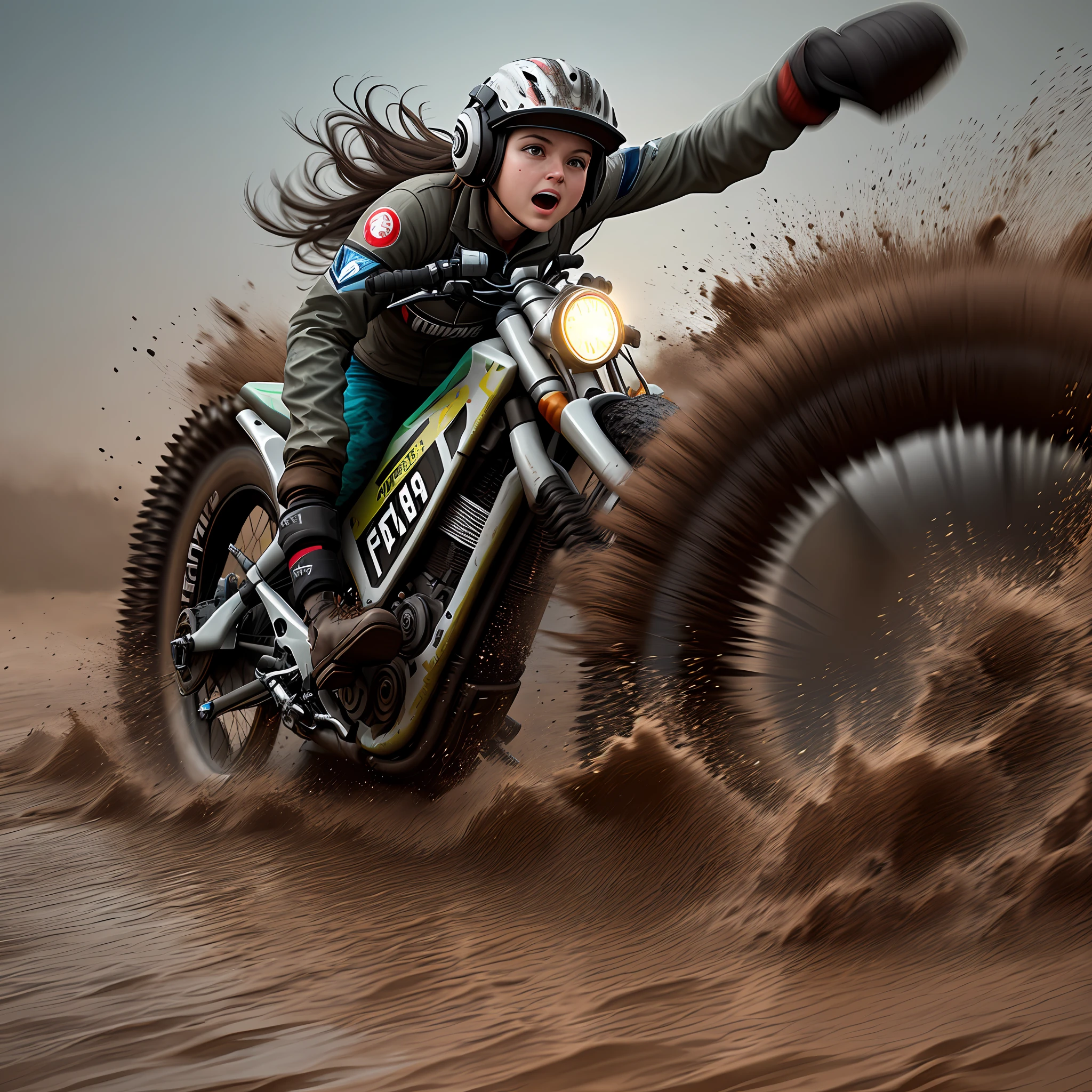 Valerie accelerates, deliberately kicking up wet splashes of mud with her tires, creating a chaotic symphony of mud splatters and distorted beats. The spectators gasp in amazement, their excitement reaching a new level.