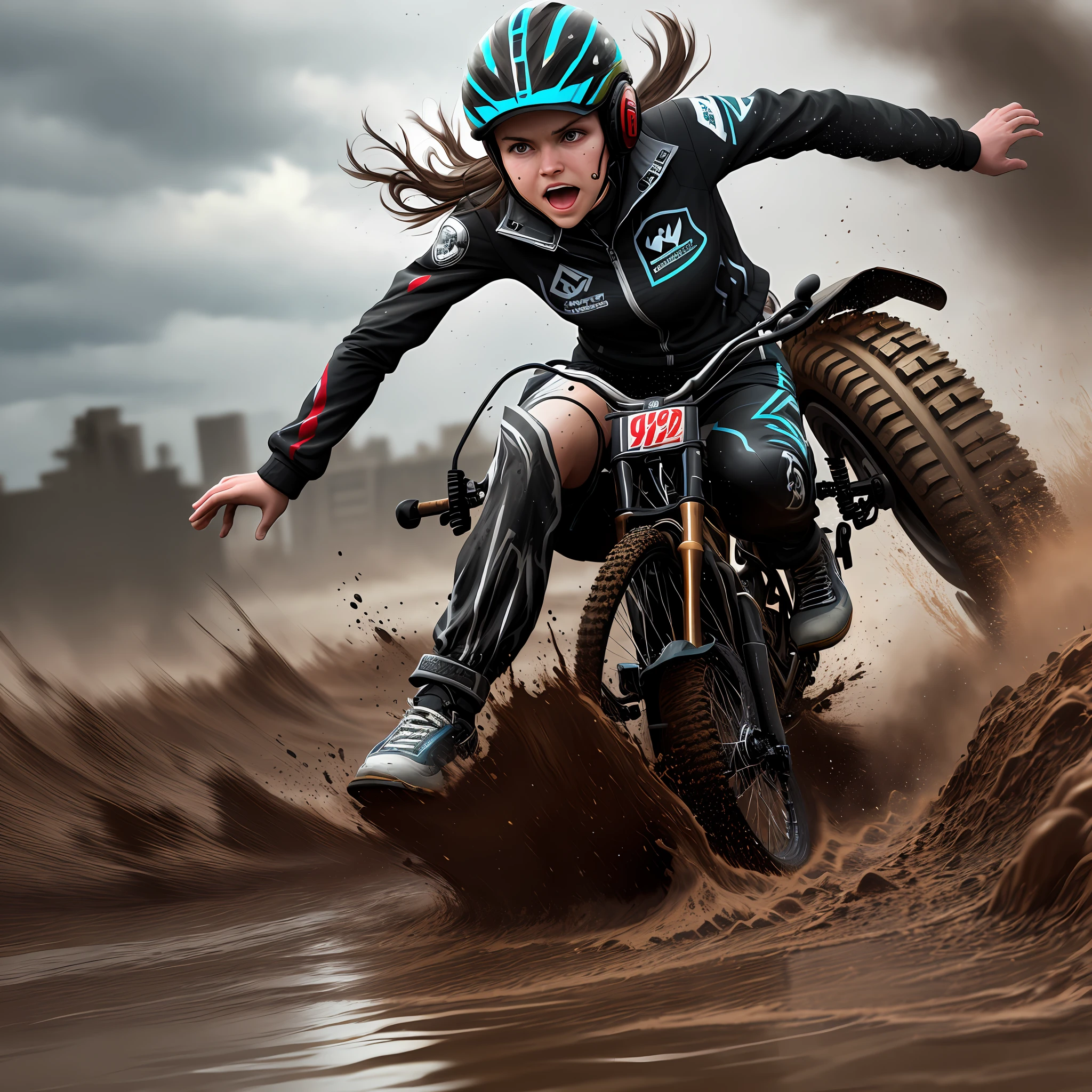 Valerie accelerates, deliberately kicking up wet splashes of mud with her tires, creating a chaotic symphony of mud splatters and distorted beats. The spectators gasp in amazement, their excitement reaching a new level.