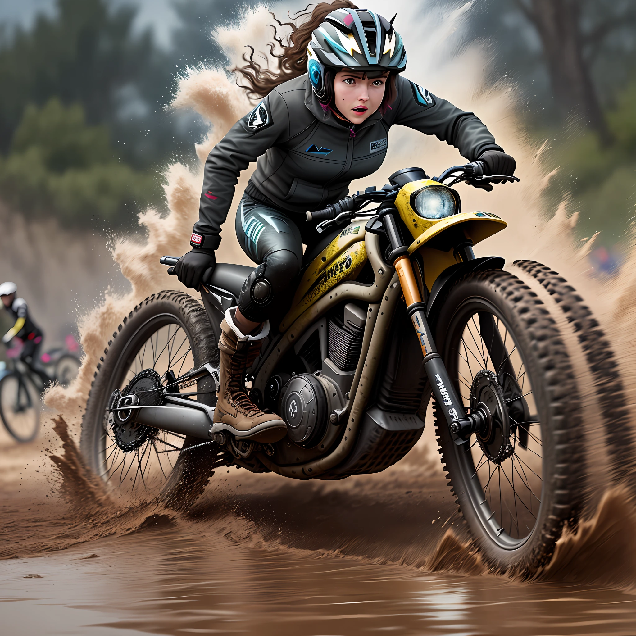 Valerie accelerates, deliberately kicking up wet splashes of mud with her tires, creating a chaotic symphony of mud splatters and distorted beats. The spectators gasp in amazement, their excitement reaching a new level.