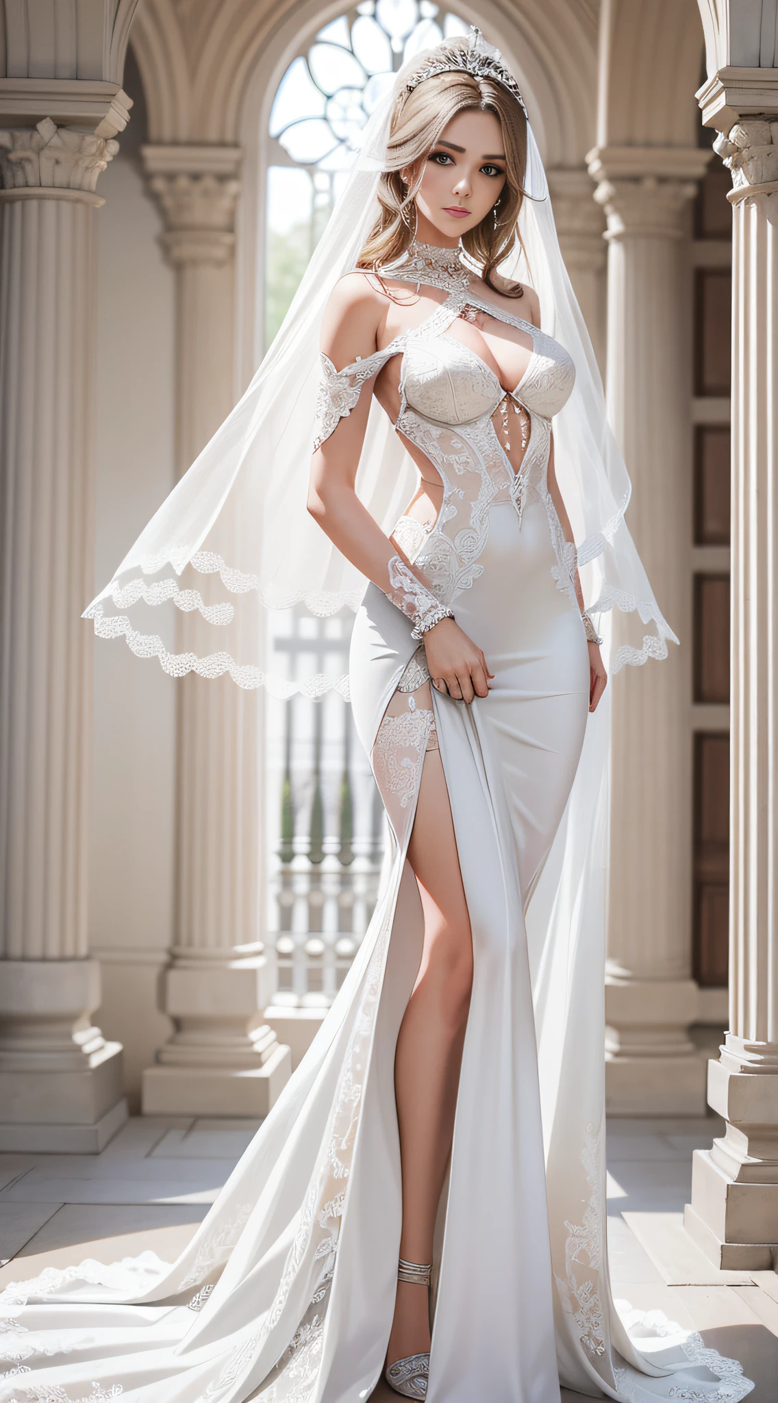 full body, full shot,photorealism, in detail and in detail an extremely beautiful slender sexy bride in a cream wedding dress with intricate lace patterns and a beautiful long veil with intricate patterns stands in partial shade among the columns of a beautiful building. on the face and body, the bride holds the wedding dress with her hands, the pose is beautiful sexy C-shaped stilettos of cream color with intricate patterns, the bride's face is European, perfectly beautiful proportions are neat facial features, the eyes are bright green-blue eyelashes are long and fluffy, the bride's physique is slender and graceful, her legs are graceful and longer than the body in proportion, graceful hands in precious jewelry, on the head of the bride there is a wedding tiara with beautiful diamonds, natural detailed skin, pore skin, skin natural shine, skin color is perfect, cheeks are slightly ruddy, wavy long blond hair to the knees is beautifully flowing in detail and in detail , lighting side daylight soft, hyper detail, sharp focus, photorealism, naturalistic, Jerry Gionis style