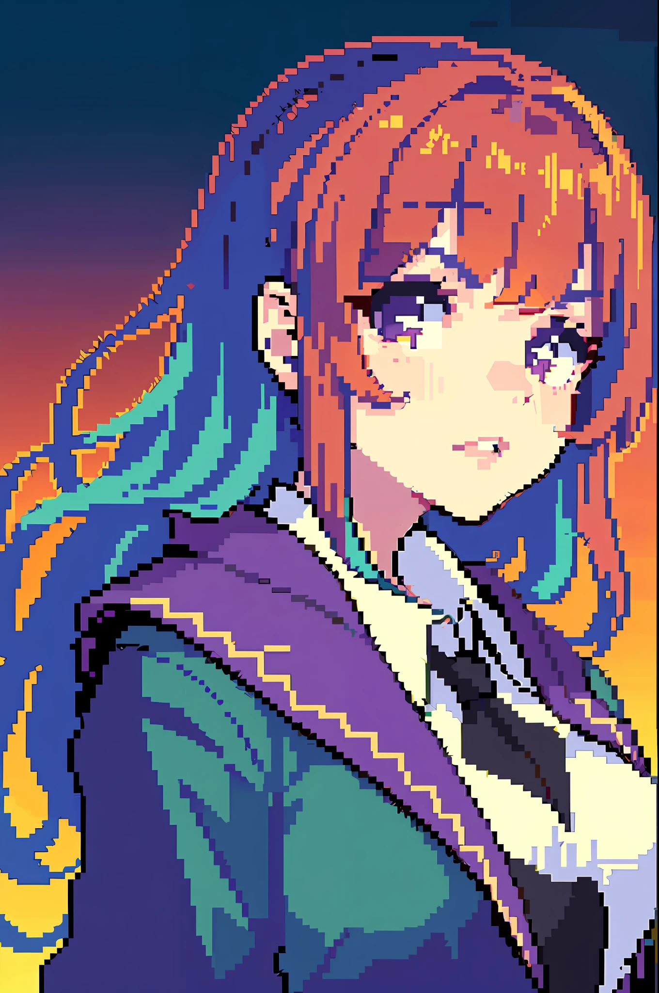 (Masterpiece, top quality, best quality), pixel, pixel art, 1girl, bust, jacket, gradient hair