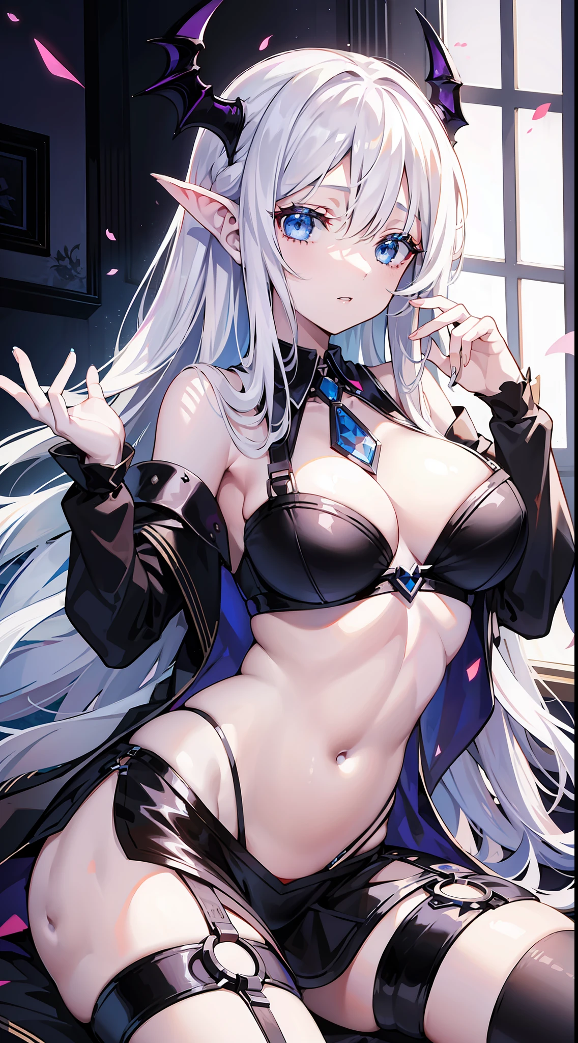 Young girl, long white hair, blue eyes, succubus clothes, open belly, chest neckline, masterpiece, high quality