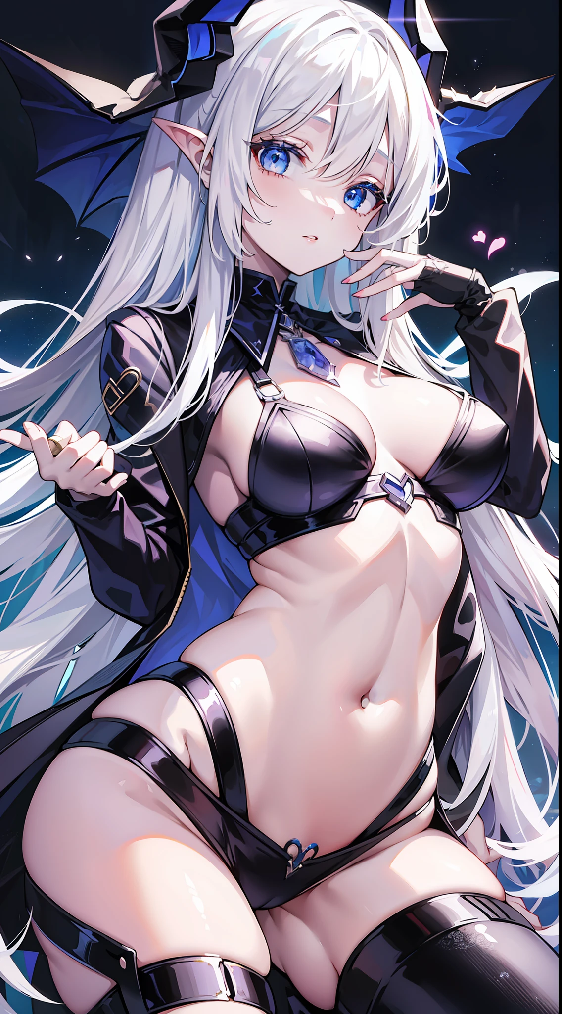 Young girl, long white hair, blue eyes, succubus clothes, open belly, chest neckline, masterpiece, high quality