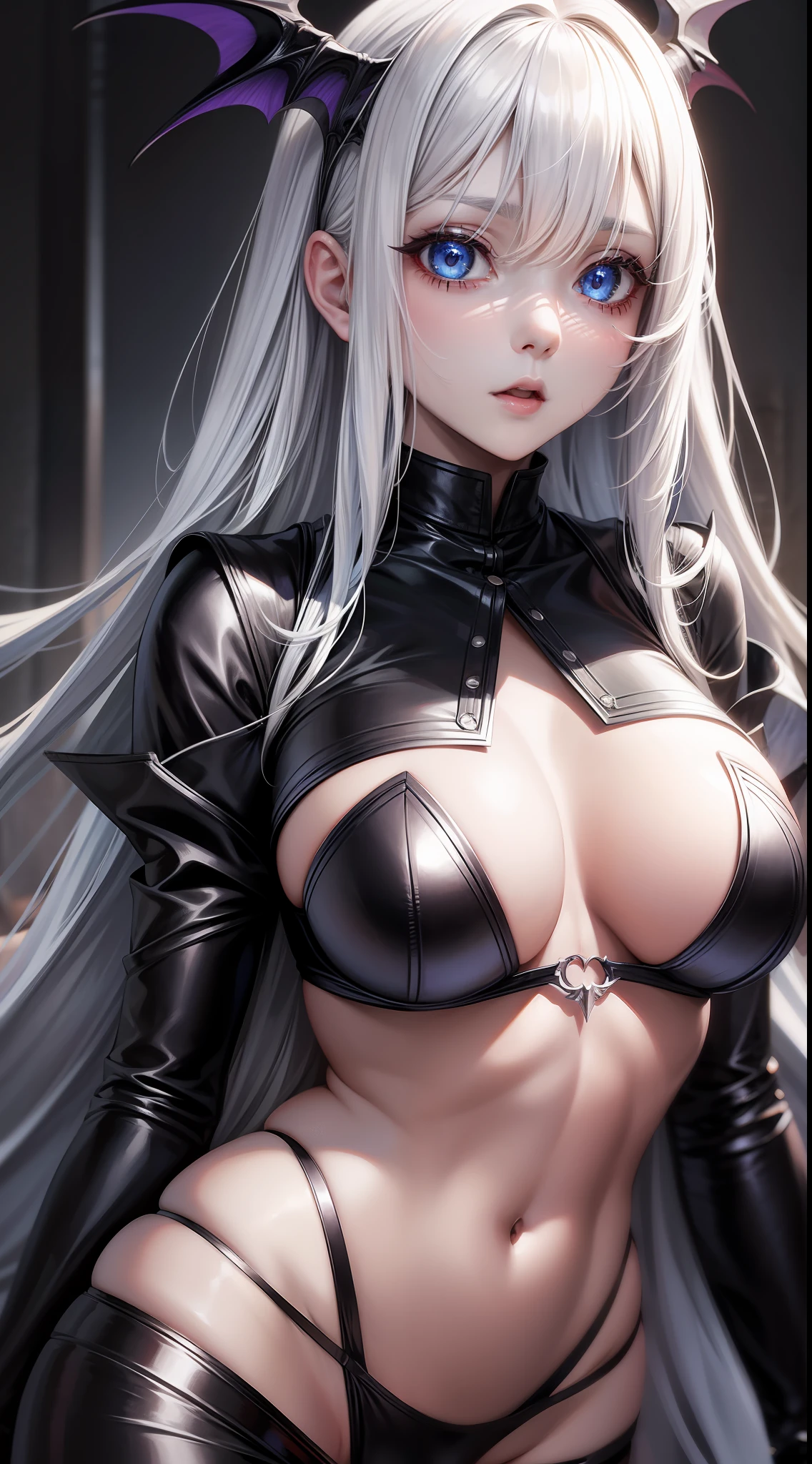 Young girl, long white hair, blue eyes, succubus clothes, open belly, chest neckline, masterpiece, high quality