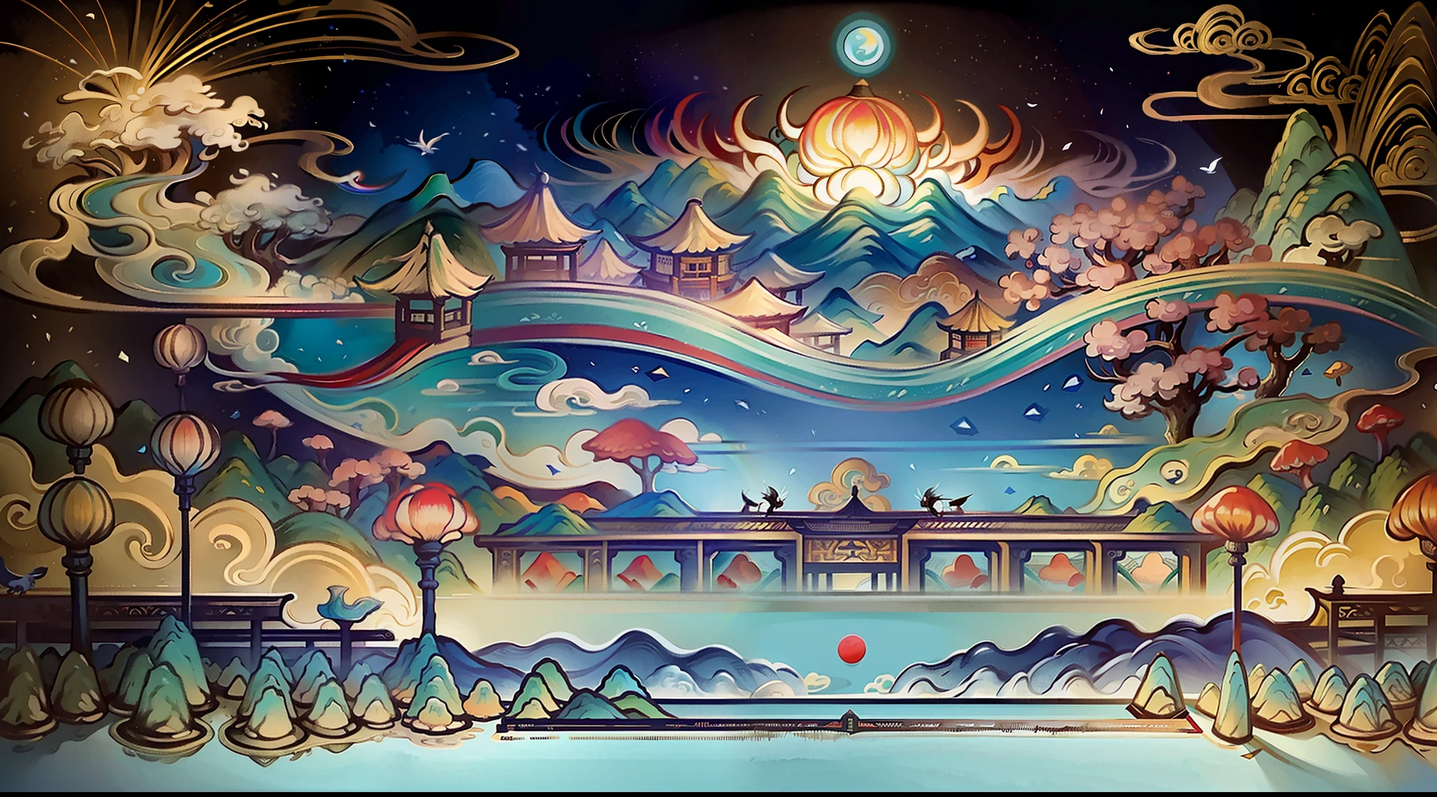 An ancient Chinese painting, ancient Chinese background, mountains, rivers, auspicious clouds, pavilions, sunshine,(psychedelic details),(mushrooms),(rainbow),masterpieces, super detail, epic composition, ultra HD, high quality, extremely detailed, official art, unified 8k wallpaper, Super detail, 32k -- v 6
