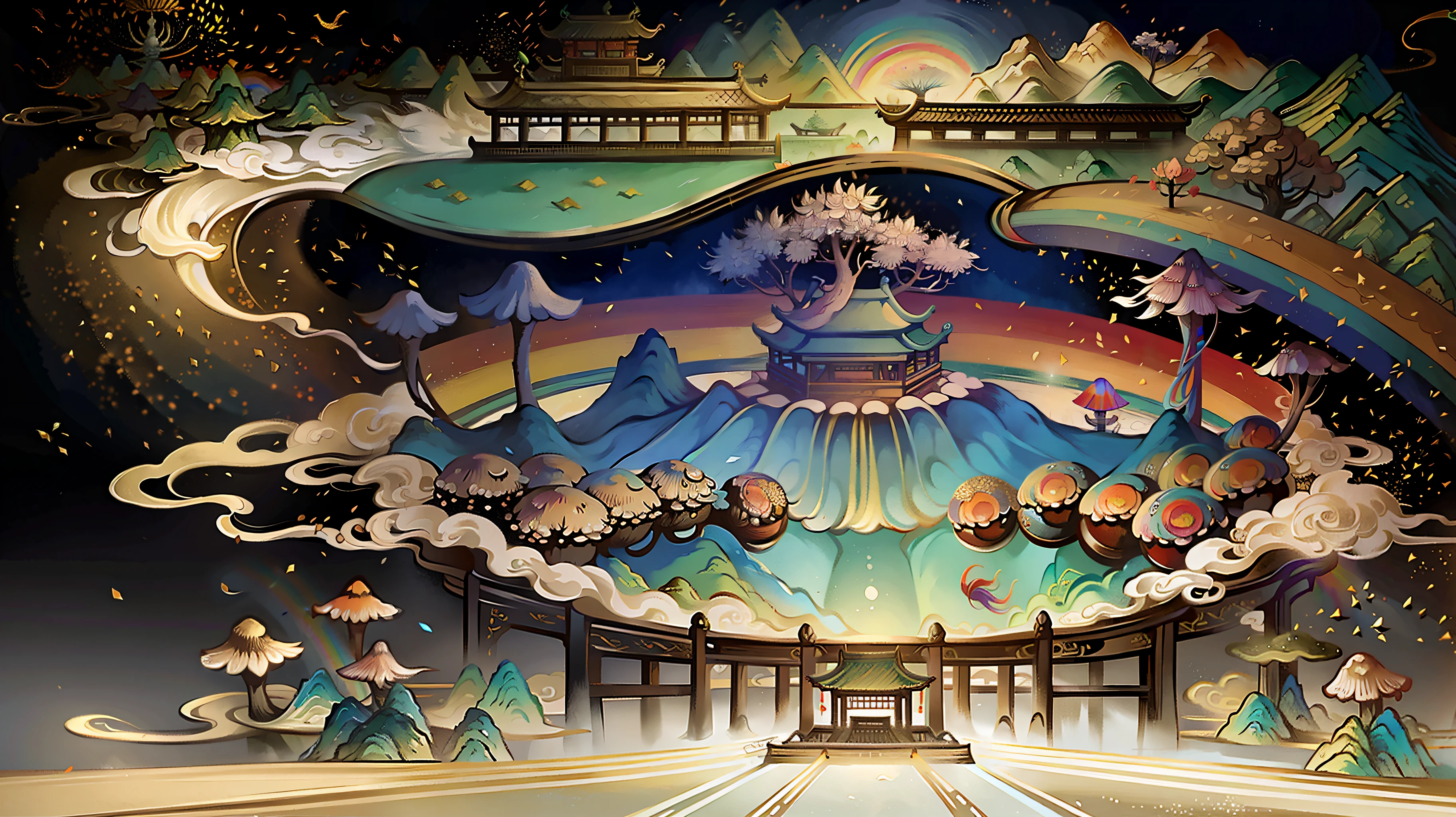 An ancient Chinese painting, ancient Chinese background, mountains, rivers, auspicious clouds, pavilions, sunshine,(psychedelic details),(mushrooms),(rainbow),masterpieces, super detail, epic composition, ultra HD, high quality, extremely detailed, official art, unified 8k wallpaper, Super detail, 32k -- v 6