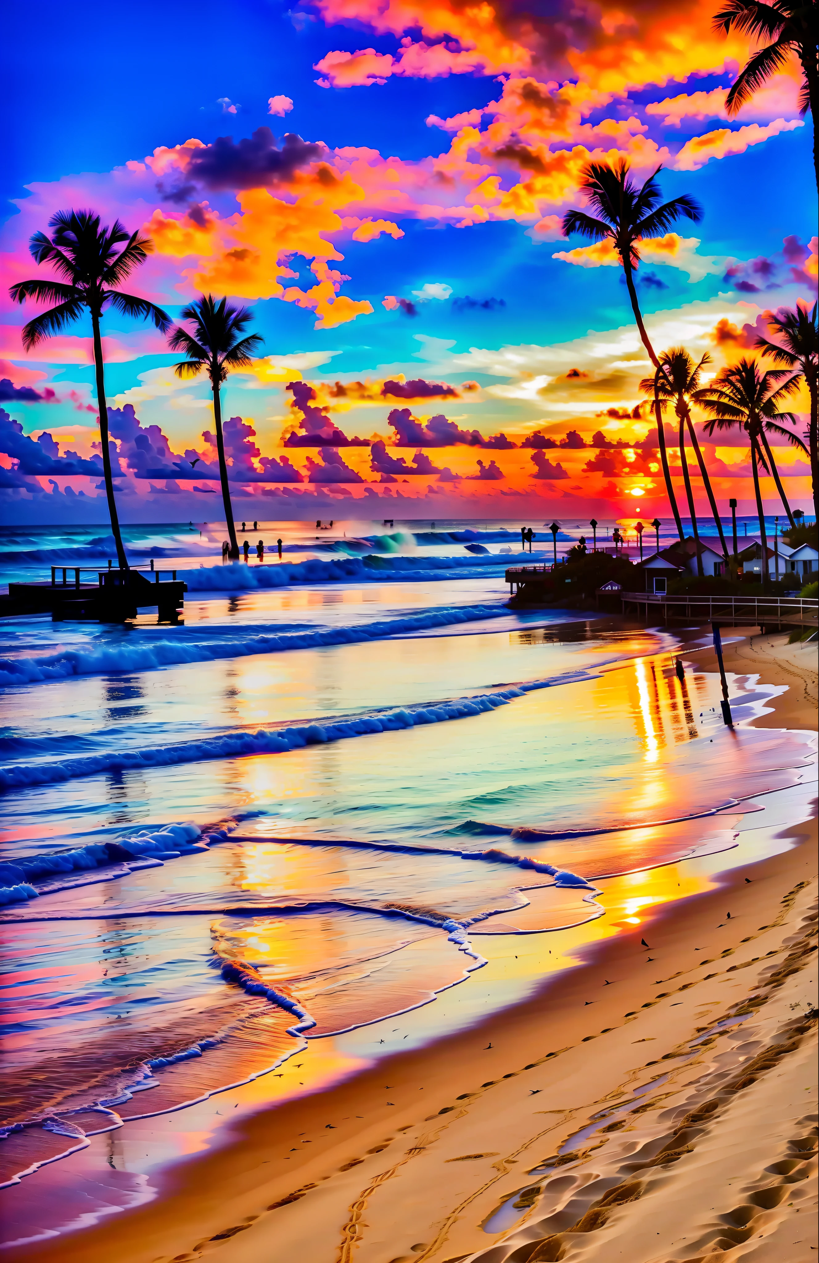 An absolutely mesmerizing sunset over the beach, with a blend of oranges, pinks, and yellows filling the sky. Crystal-clear waters of the sea gently kissing the shore, with sandy white beach stretching far and wide. The scene is dynamic and breathtaking, with seagulls soaring high in the sky and gently swaying palm trees. Take in the calming atmosphere and let the peacefulness wash over you.