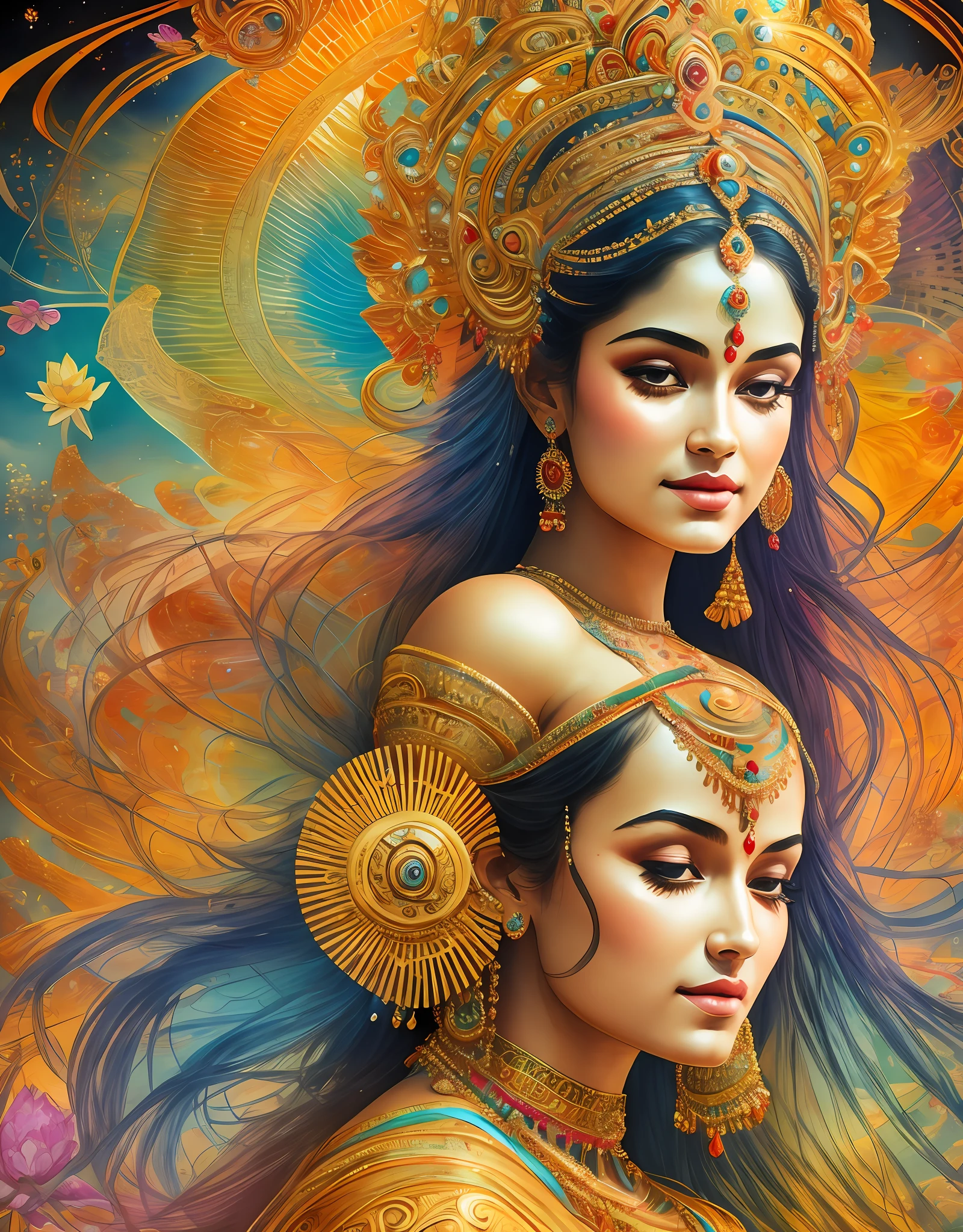 A woman dancing with a pipa, the whole body is displayed, dancing barefoot, stepping on lotus flowers, the colors are real and natural, the skin is lustrous and vivid, the background sun has round light, glowing light, fantasy wonderland. Hindu gods, Hindu gods, extremely detailed footage of goddesses, goddesses. Extremely high detail, attractive goddess, goddess of love and peace, goddess of Indian wealth, goddess of dance, goddess of beauty, 3D goddess portrait, amazing portrait of goddess, portrait of beautiful goddess --auto --s2