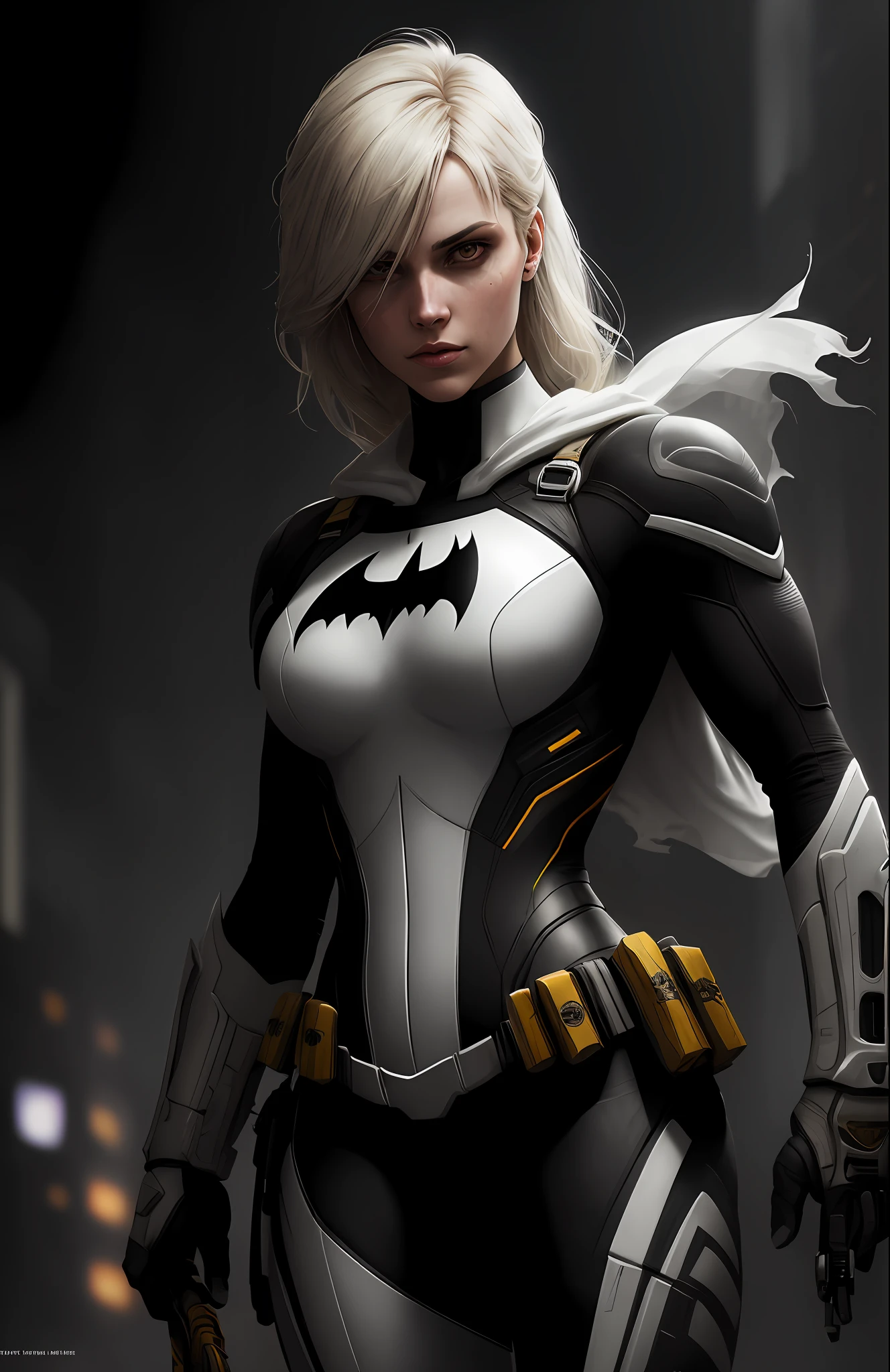(dark shot: 1.1), epic realistic, White Batgirl from DC, yellow gradient, black, brown and purple color scheme, grunge aesthetics!!! graffiti tag wall background, art by Greg Rutkowski and artgerm, soft cinematic light, Adobe Lightroom, darkroom, HDR, intricate, highly detailed, (depth of field: 1.4), faded, (neutral colors: 1.2), (hdr: 1.4), (muted colors: 1.2), hyper-detail (artstation: 1.4), cinematic, warm light, dramatic light (complex details: 1.1)