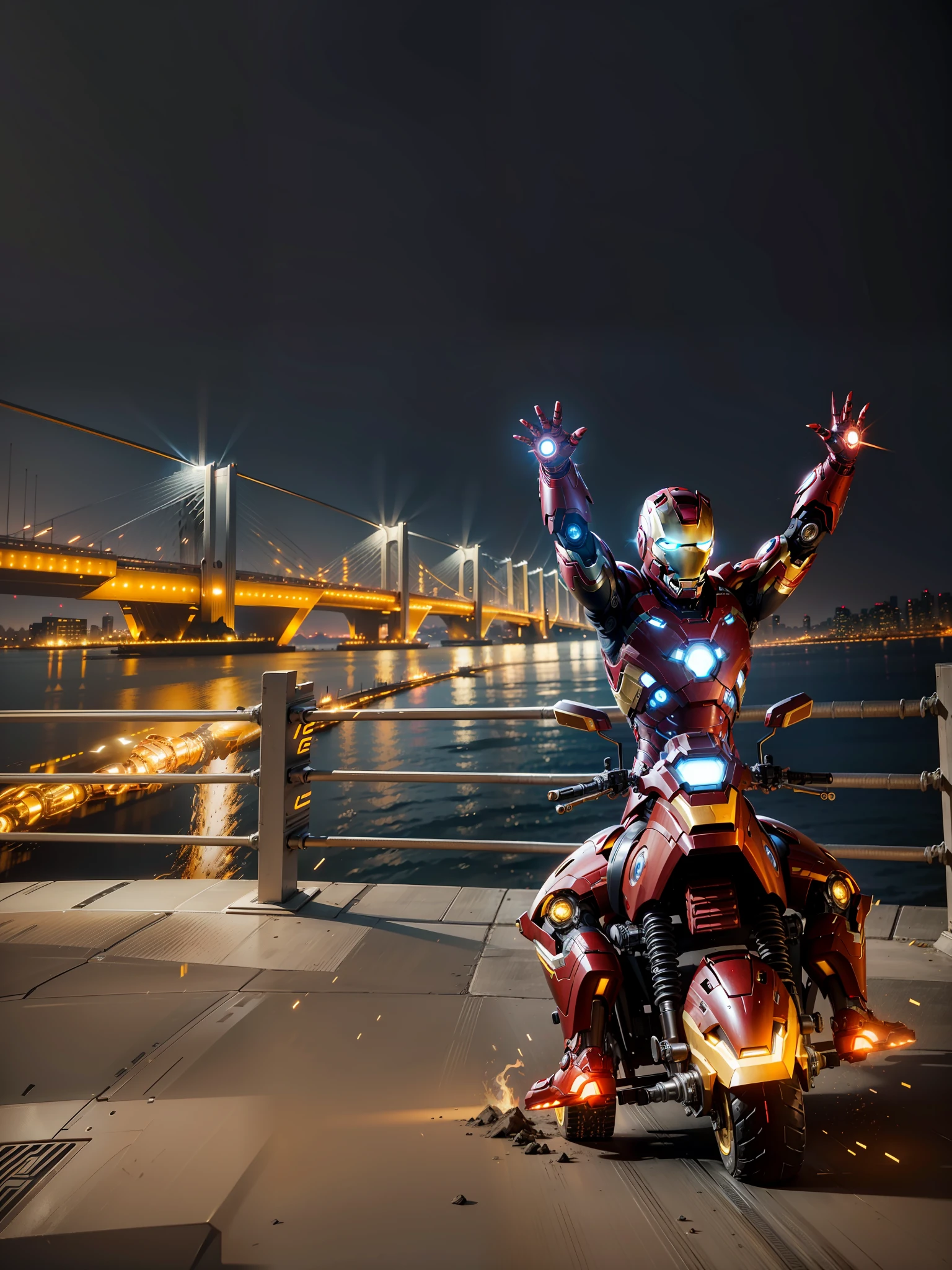 Iron Man sits on a cybermechanical motorcycle with his hands raised and his legs on the ground, exquisite black tech helmet, Nousr, biomechanics, MSHN robot man, high-tech helmet, surreal, steel, intricate design, crazy details, fine details, extremely clear lines, cinematic lighting, photo realism, detailed masterpiece