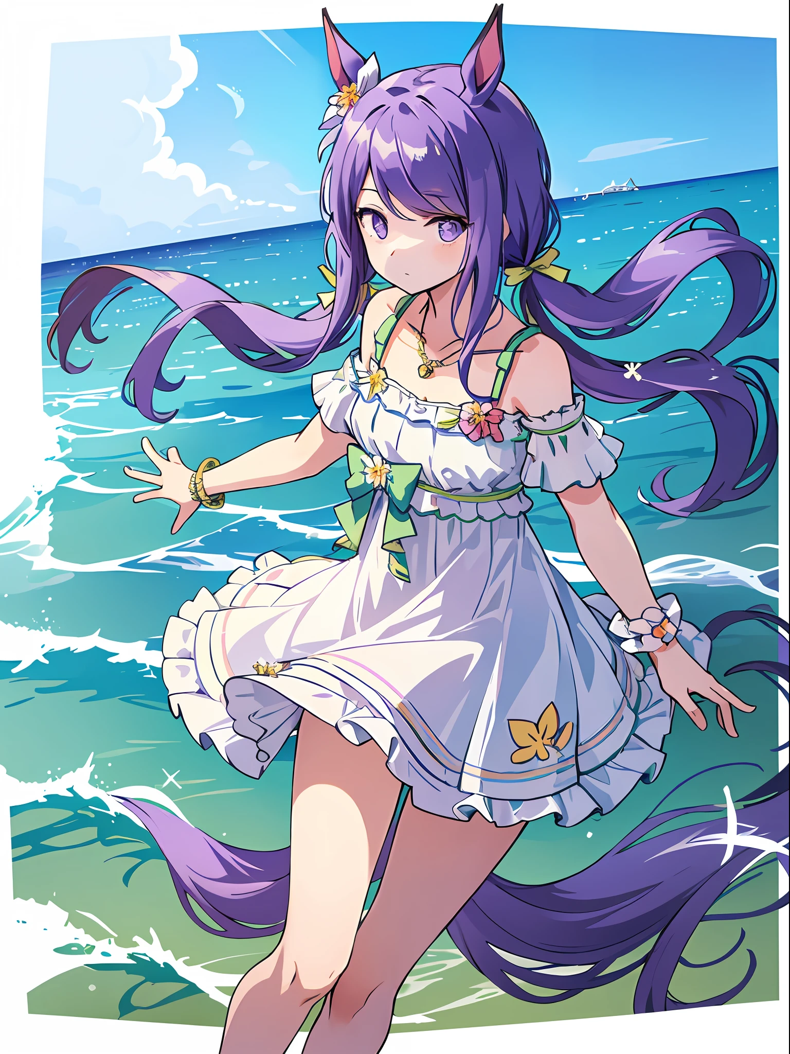 ((masterpiece, best quality)),(illustration),(detailedlight),((anextremelydelicateandbeautiful)),1girl,Mejiro McQueen,Mejiro McQueen(Swimsuit),mejiro_mcqueen_\(umamusume\),horse ears,horse girl,long hair,purple hair,purple eyes,bright pupils,low_twintails,swimsuit,dress,jewelry,hair ornament,hair flower,bow,bracelet,necklace,bare shoulders,solo,standing on one leg,beach,sea,sunlight, shading eyes,
