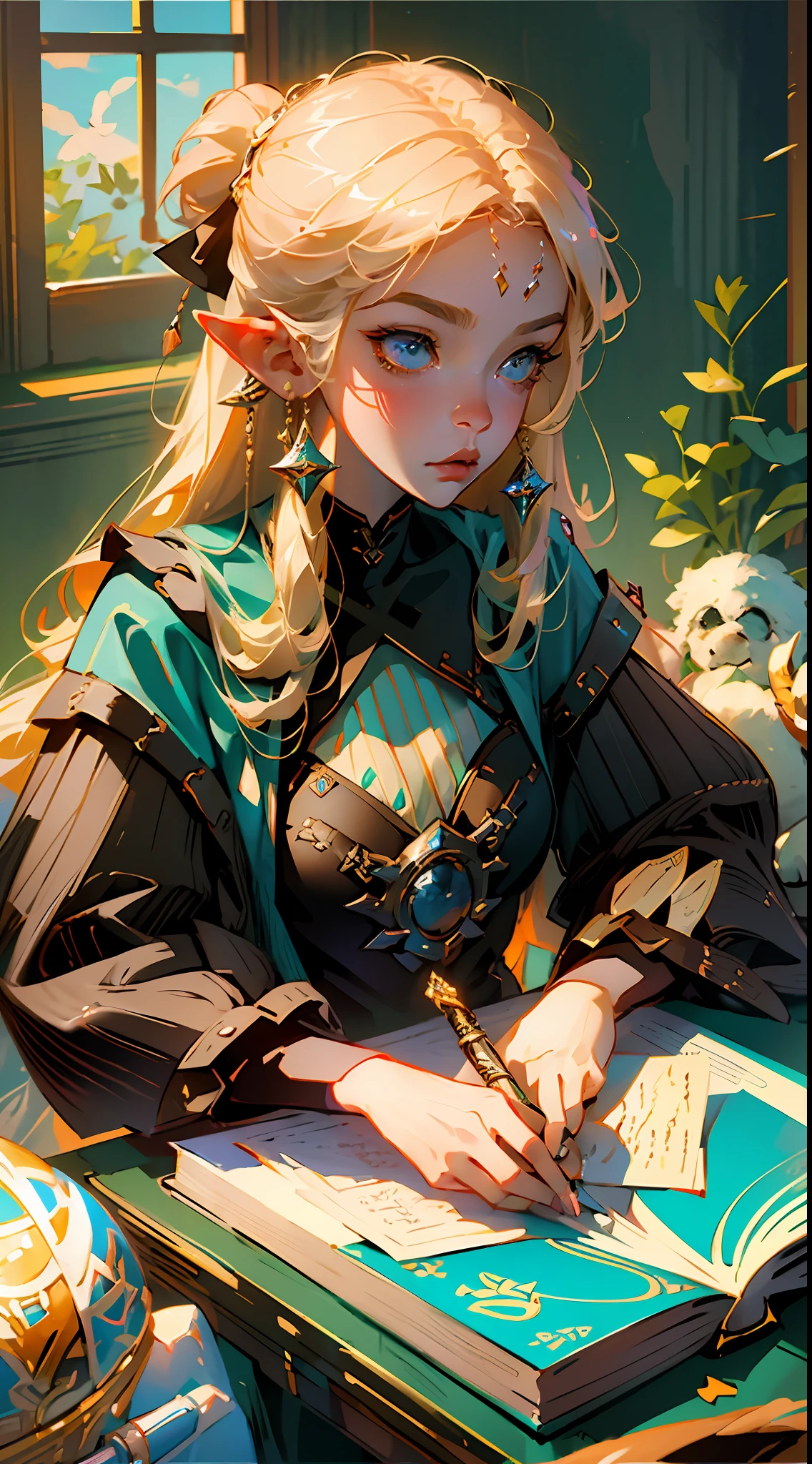 a painting of a woman sitting at a desk, a detailed painting, by Cynthia Sheppard, fantasy art, blonde anime girl with long hair, writing a letter, shining golden hour, portrait of princess zelda, jinyoung shin art, 4 k detail fantasy, over-detailed art, krenz cushart and wenjun lin, promo art, magical notes, atelier lulua