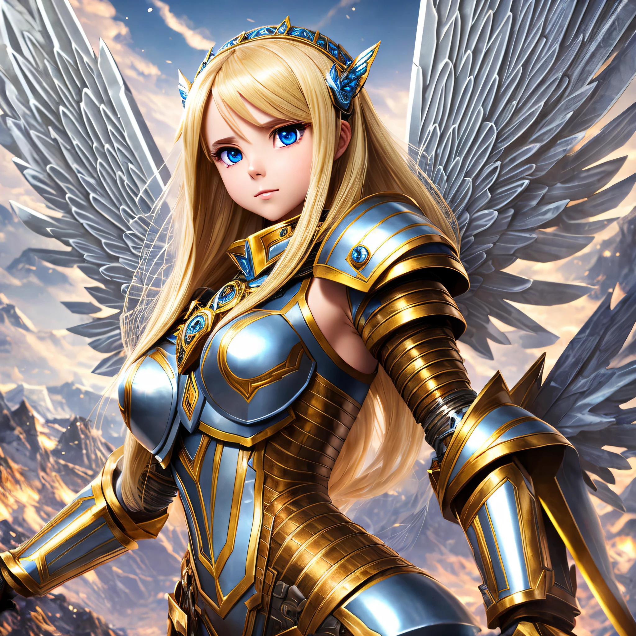 female, goddess, big eyes, long hair, blonde, armor, mechanical wings, standing, background glacier, cinematic, high saturation, expression natural, harmonious --auto --s2