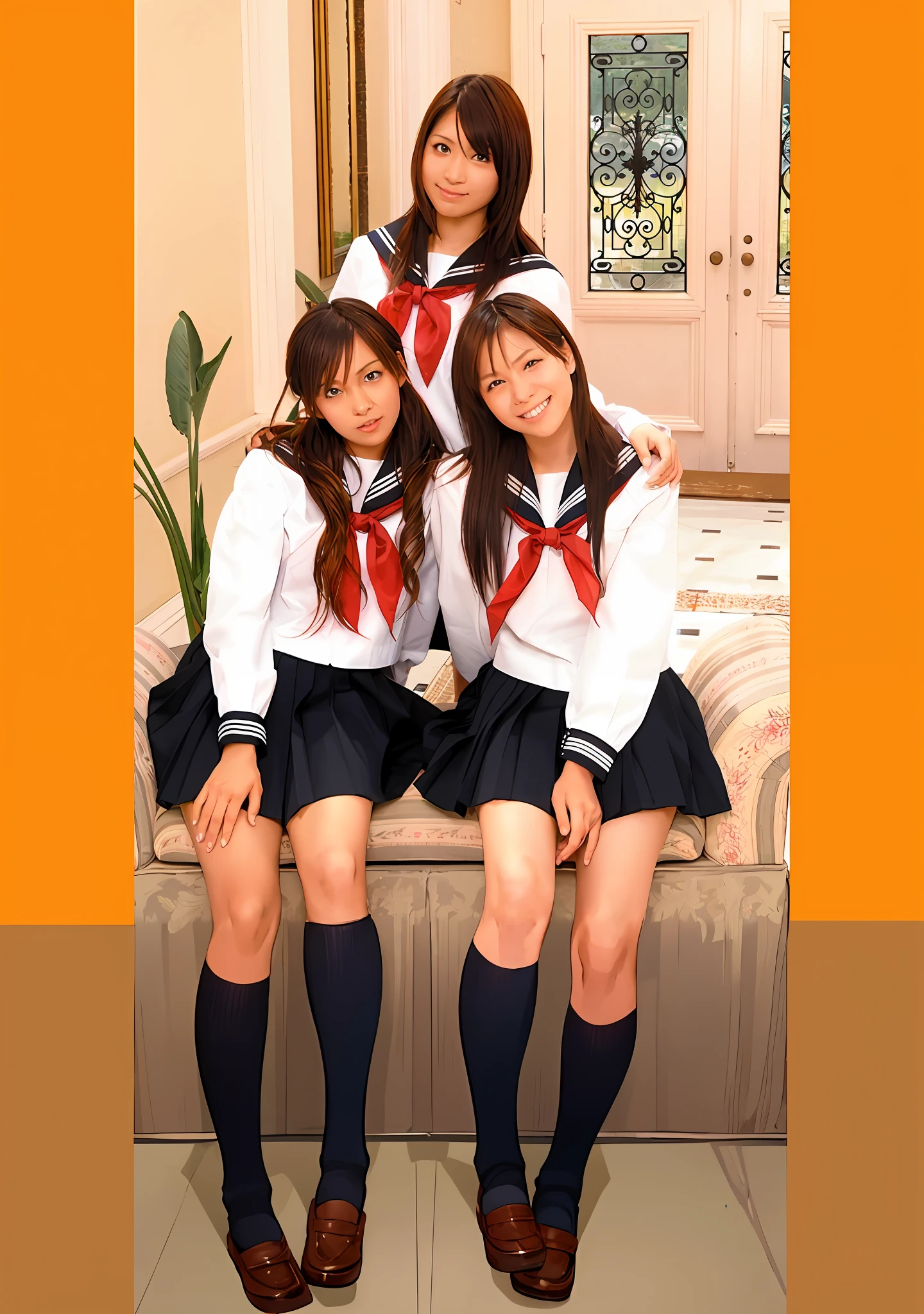 three girls in school uniforms posing for a picture on a couch, japanese school uniform, wearing japanese school uniform, seifuku, two japanese schoolgirls posing, japanese girl school uniform, ikki tousen, young gravure idol, young pretty gravure idol, wearing school uniform, jk uniform, japanese high school, a-1 pictures, of a schoolgirl posing