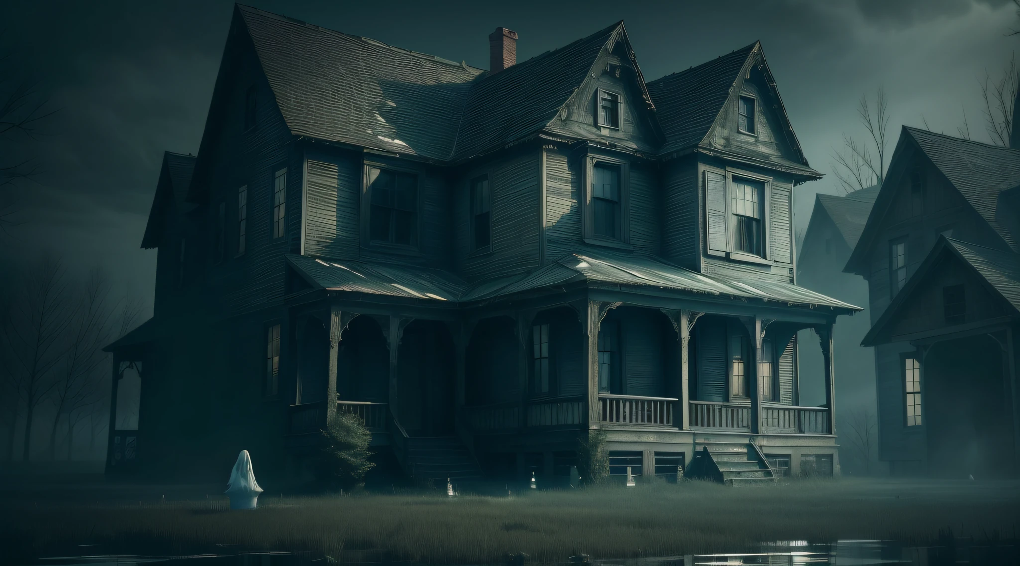 (best quality), (it's an old house with a haunting atmosphere), (ghosts), (the ghosts are floating and translucent), (there are multiple ghosts), (the house has a lot of texture and detail), (the lighting is eerie and dim).