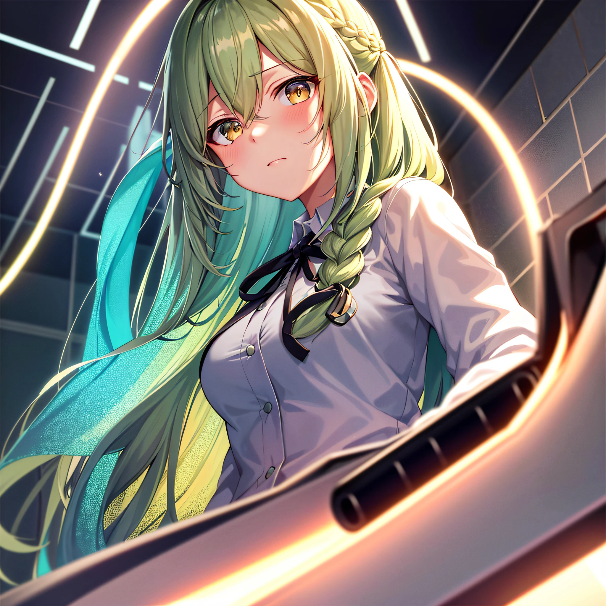 {{portrait}}, {girls' frontline}, game cg, 1girl,shiny hair, french braid, aqua hair, wet hair, ahoge, hairclip, colored inner hair, cinematiclighting, blonde eyes, stare blankly, cinematic angle, arms behind head, upturned eyes, lab coat, neck ribbon, electrical room,