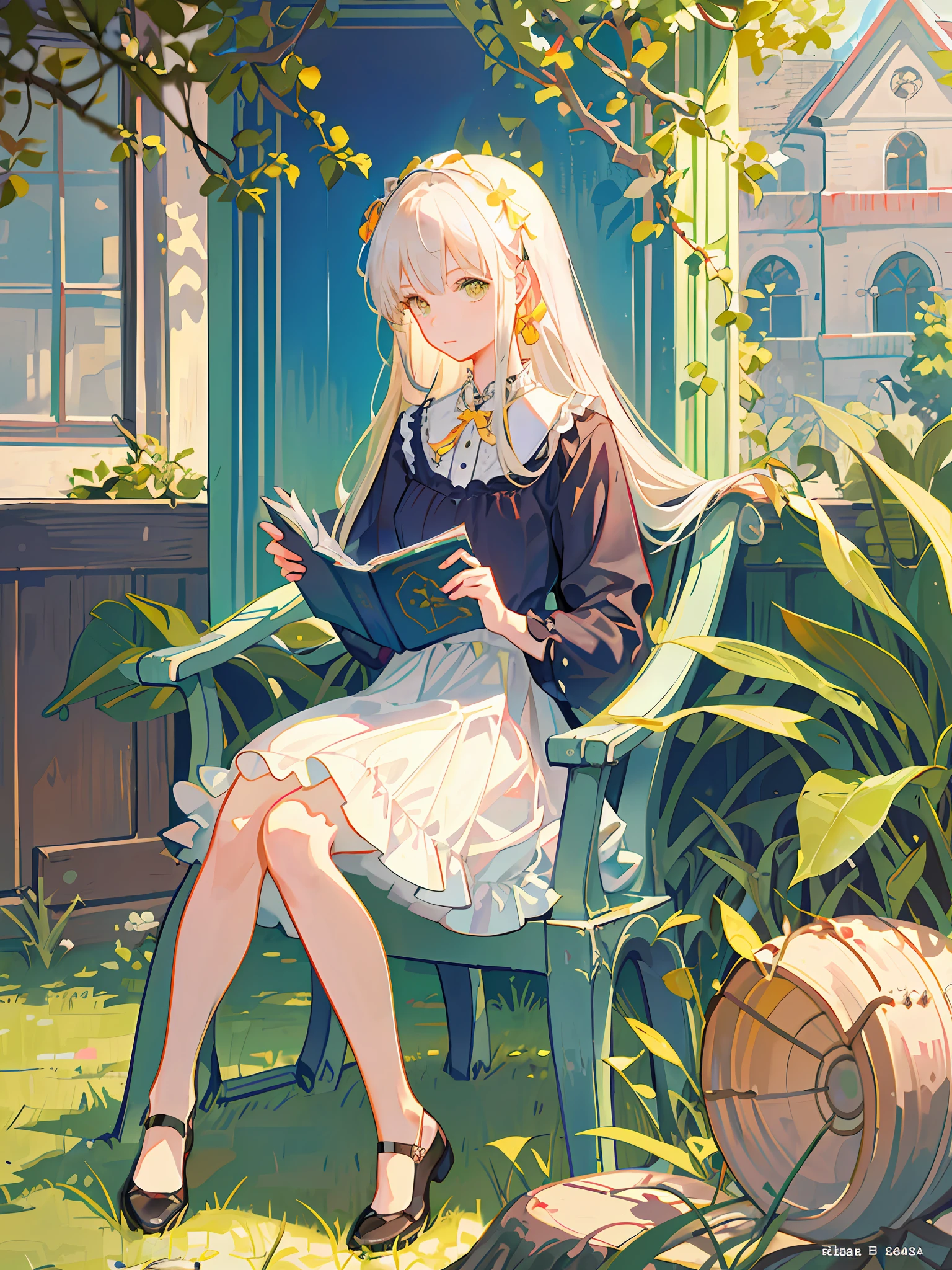 HD4k,masterpiece,best quality),arafed woman sitting in a chair reading a book in a garden,detailed cream dress,lolita dress, reading under a tree, reading the book about love, sitting under a tree(stromboli color and yellow tree),put on red shoes, summer morning light, summer afternoon, reading a book, lofi girl aesthetic, cottagecore, magazine photo, reading new book, village girl reading a book,warm effect,sitting cross legged on the armchair