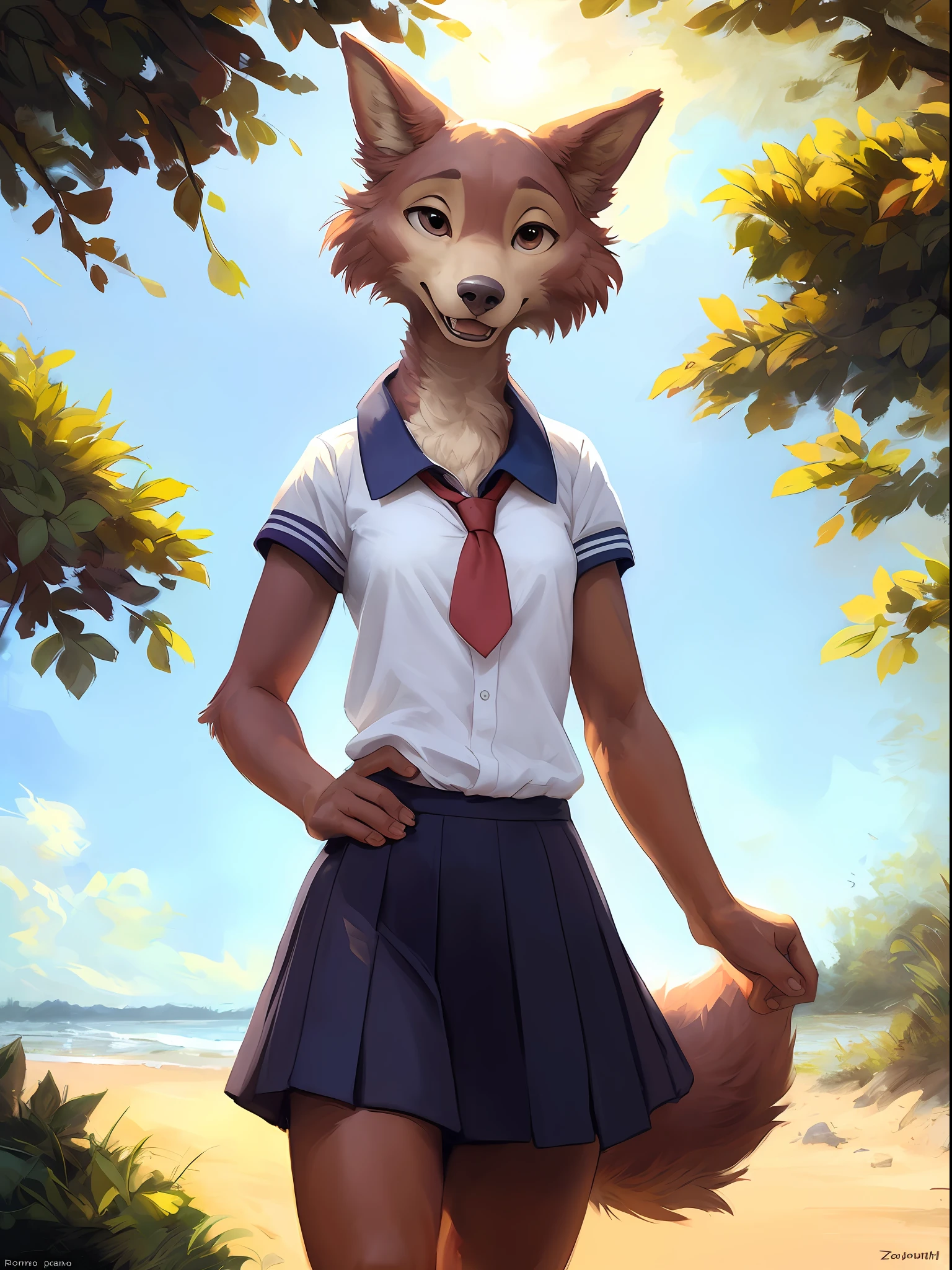 uploaded to e621, beautiful and detailed portrait of Juno from Beastars, Juno, Beastars, kenket, Ross Tran,ruan jia, uploaded to e621, zaush, foxovh, cenematic lighting, beach, bl, small breast, whole body, beautiful, enthusiastic face, solo, 1girl, at school, school outfit, school uniform, school dress, dress