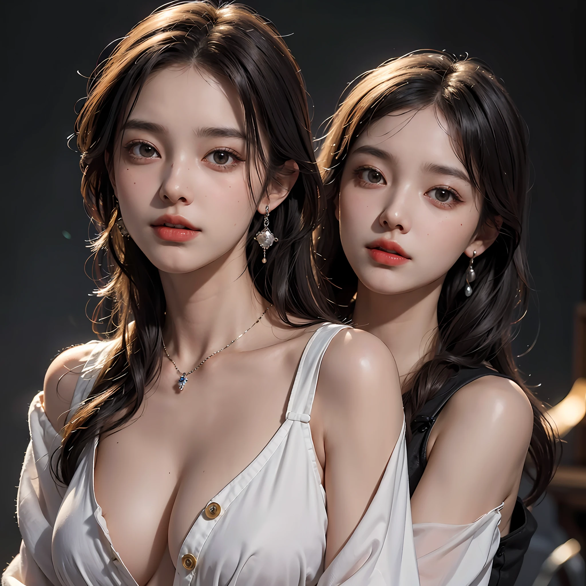 Wearing only one long shirt, (all buttons open: 1.1), big breasts, deep cleavage, best quality, masterpiece, illustration, very delicate and beautiful, very detailed, CG, unity, 8K wallpapers, amazing, fine detail, very detailed CG Unity 8K wallpapers, huge file size, very detailed, high resolution, handsome detail woman, very detailed eyes and face, wonderful detailed eyes, light on face,  (Best Illustration: 1.1), (Best Shadow: 1.1), Ultra High Resolution, (Photoreal: 1.1), (Photo Realistic: 1.2:1.1), Realistic Face Proportions, Slender, Smile, (Makeup: 0.4), (Fluffy Black Eyes: 1.21), Black Eyes, Looking at the Viewer, Dark Brown Hair, Earrings, Necklaces, Hairpins, Cowboy Shots, (Irregular Irregular Skin Imperfections, Veins, Skin Wrinkles Pores: 1.2), (Dark Night Background: 1.2), (Bokeh: 1.4),