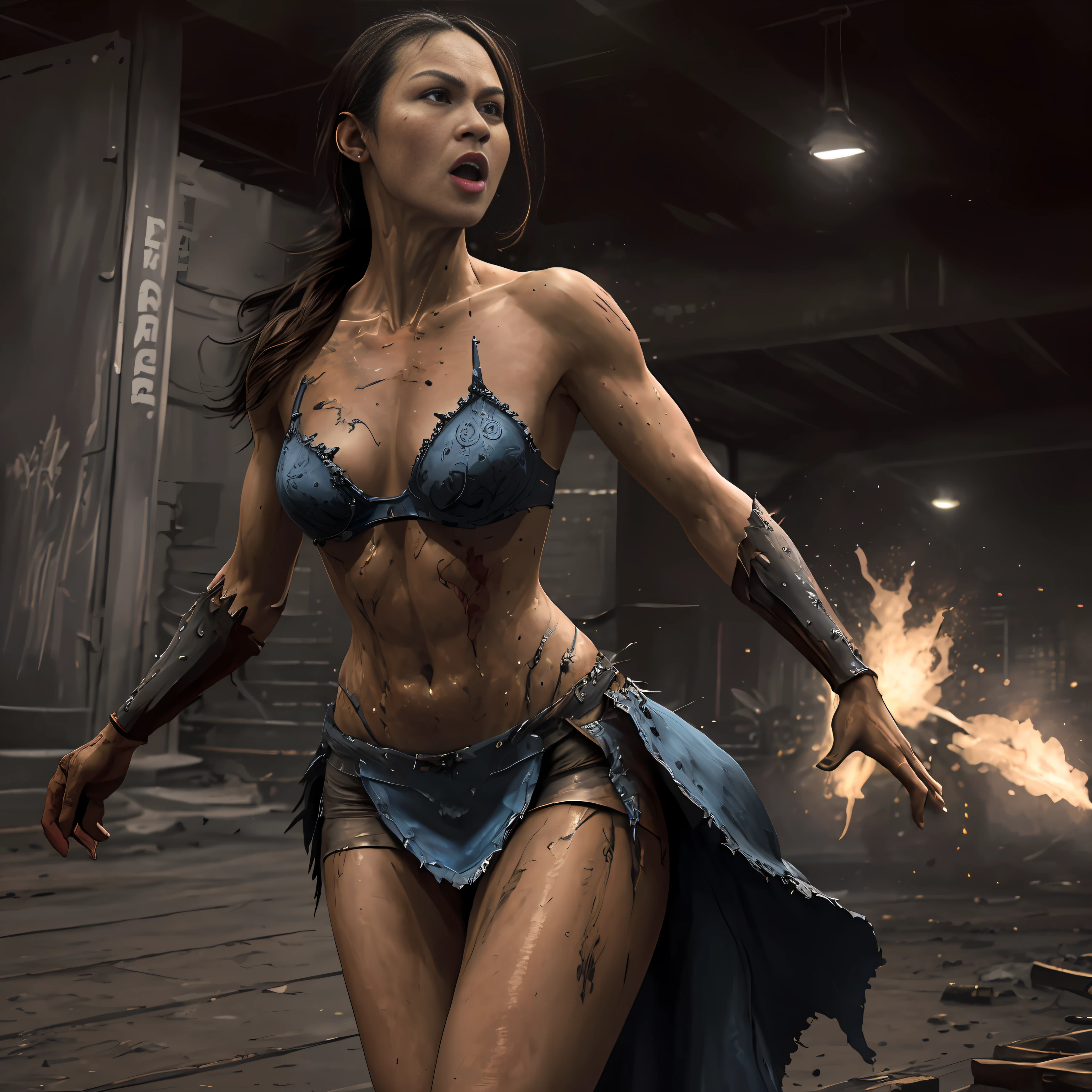 (realistic:1.3), intricate details,painting \(artwork\), ((masterpiece,best quality)), ((cinematic light)), woman in action, fight, screaming, striking, jumping kitana ,mortal kombat, scary, dark fantasy \(style\), detailed armor, detailed clothes, naked belly, naked legs, short torn blue skirt, scars, bloody, dirty, ripped, torn bra