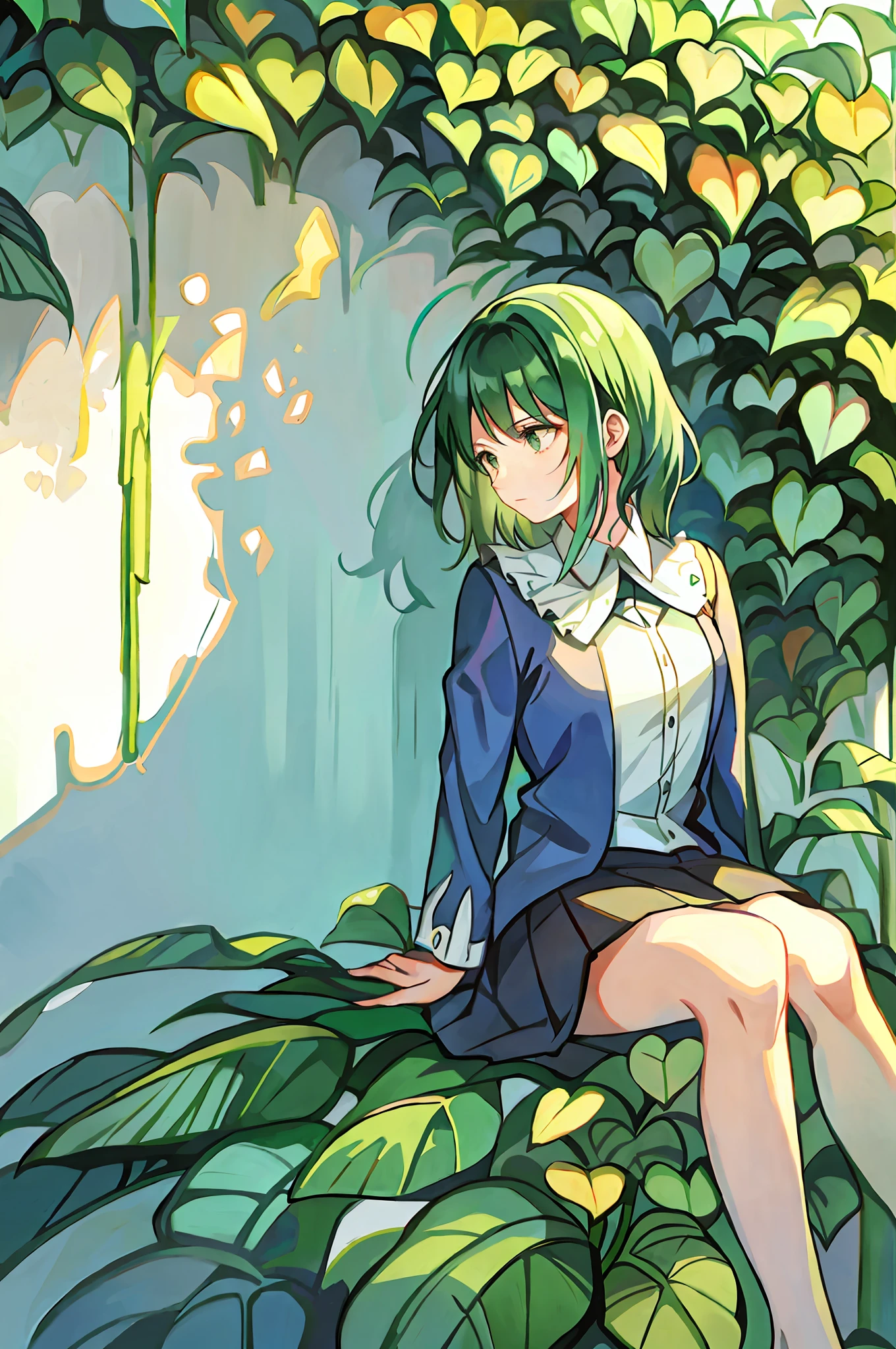 1girl, solo, sitting, plant, leaf, flower, tenderness