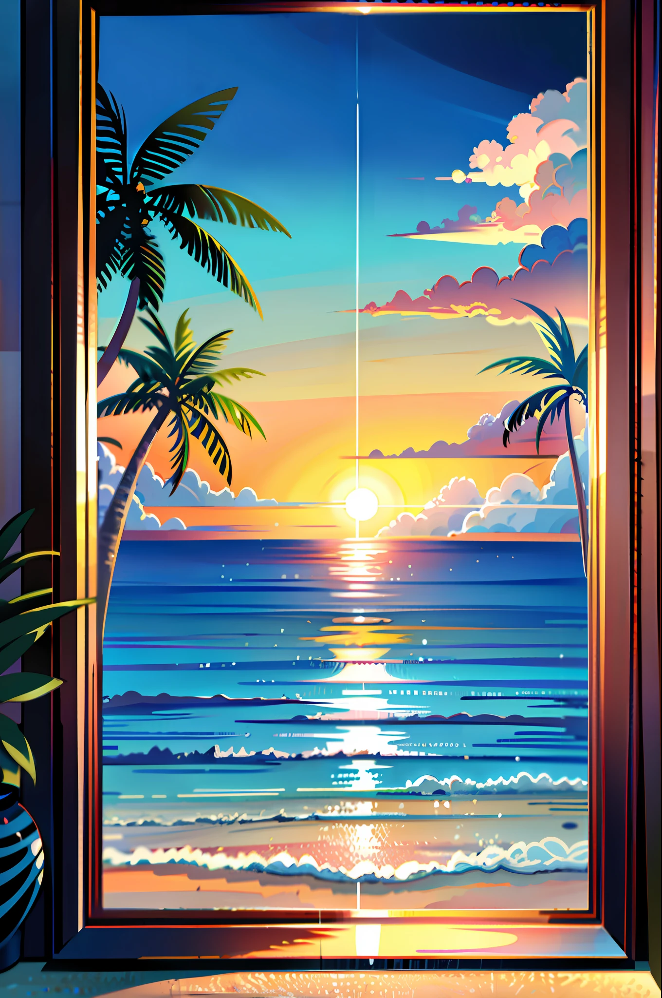 A serene tropical beach at sunset, palm trees gently swaying in the warm breeze, golden sand stretching as far as the eye can see, crystal-clear turquoise water reflecting the vibrant hues of the sky, creating a tranquil and idyllic atmosphere, Painting, watercolor on paper