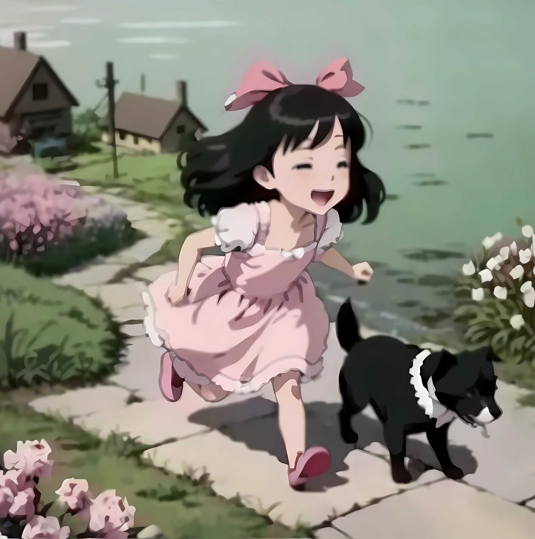 anime girl walking with a dog on a path near a lake, screenshot from ???? anime, kikis delivery service, in the anime film, style in ghibli anime, screenshot from the anime film, japanese animation, loli, anime movie screenshot, japanese animation style, the anime girl is running, an retro anime image, kiki's delivery service, today's featured anime still --auto --s2