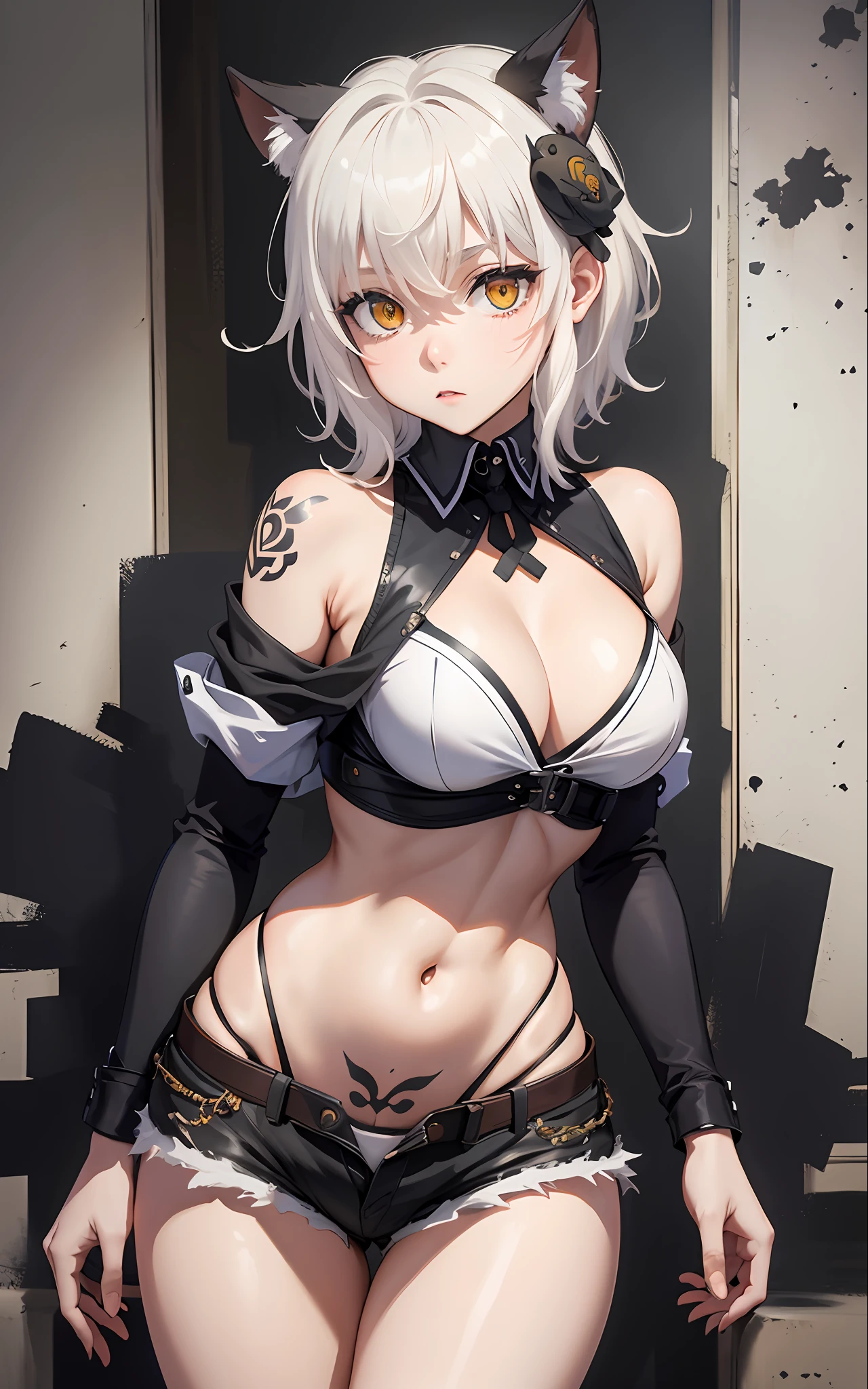 masterpiece, short shorts, masterpiece, best quality, highres, dark persona, watercolor painting theme, (looking at the viewer: 1.1), wide hips, big ass, standing, bent, tojou koneko, yellow eyes, white hair, short hair, hair ornament, white shirt, black ribbon on the neck, tattoo on the abdomen, lust tattoo,