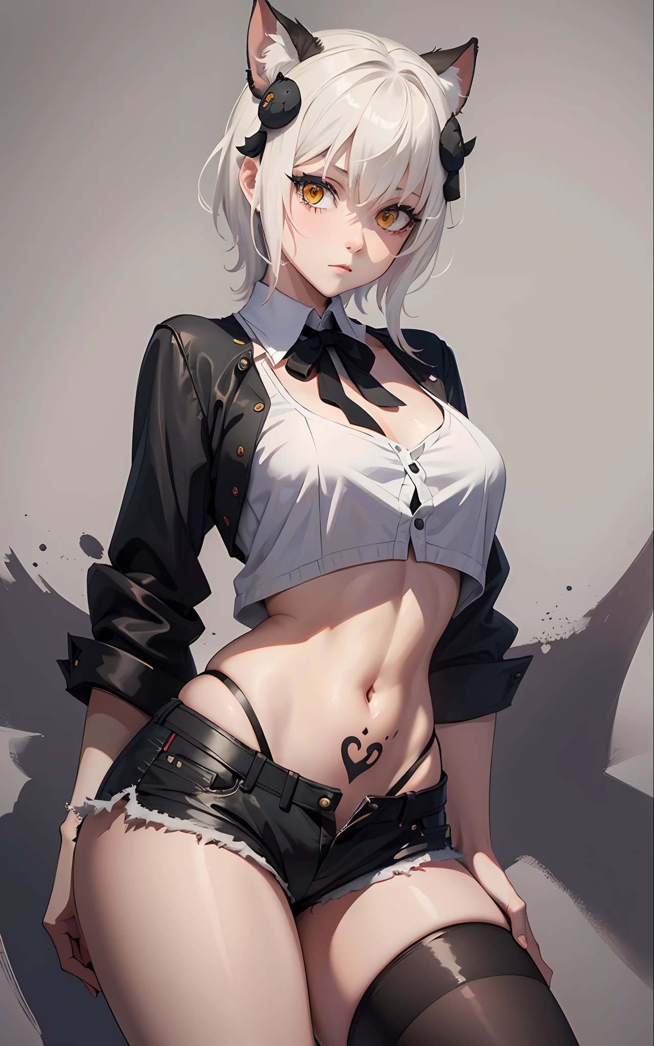 masterpiece, short shorts, masterpiece, best quality, highres, dark persona, watercolor painting theme, (looking at the viewer: 1.1), wide hips, big ass, standing, bent, tojou koneko, yellow eyes, white hair, short hair, hair ornament, white shirt, black ribbon on the neck, tattoo on the abdomen, lust tattoo,