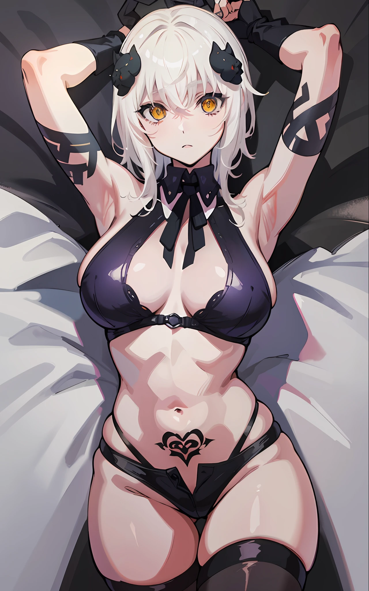 masterpiece, short shorts, masterpiece, best quality, highres, dark persona, watercolor painting theme, (looking at the viewer: 1.1), wide hips, big ass, standing, bent, tojou koneko, yellow eyes, white hair, short hair, hair ornament, white shirt, black ribbon on the neck, tattoo on the abdomen, lust tattoo,